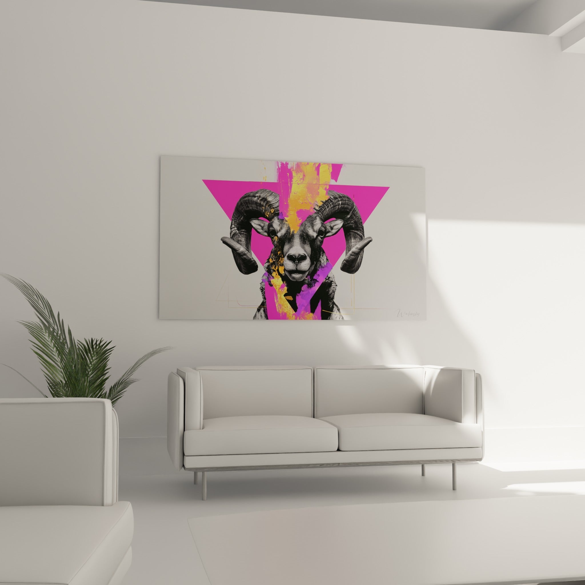 Portrait frontal du Bélier fuchsia et orangé accroché au-dessus d'un canapé dans un salon lumineux
