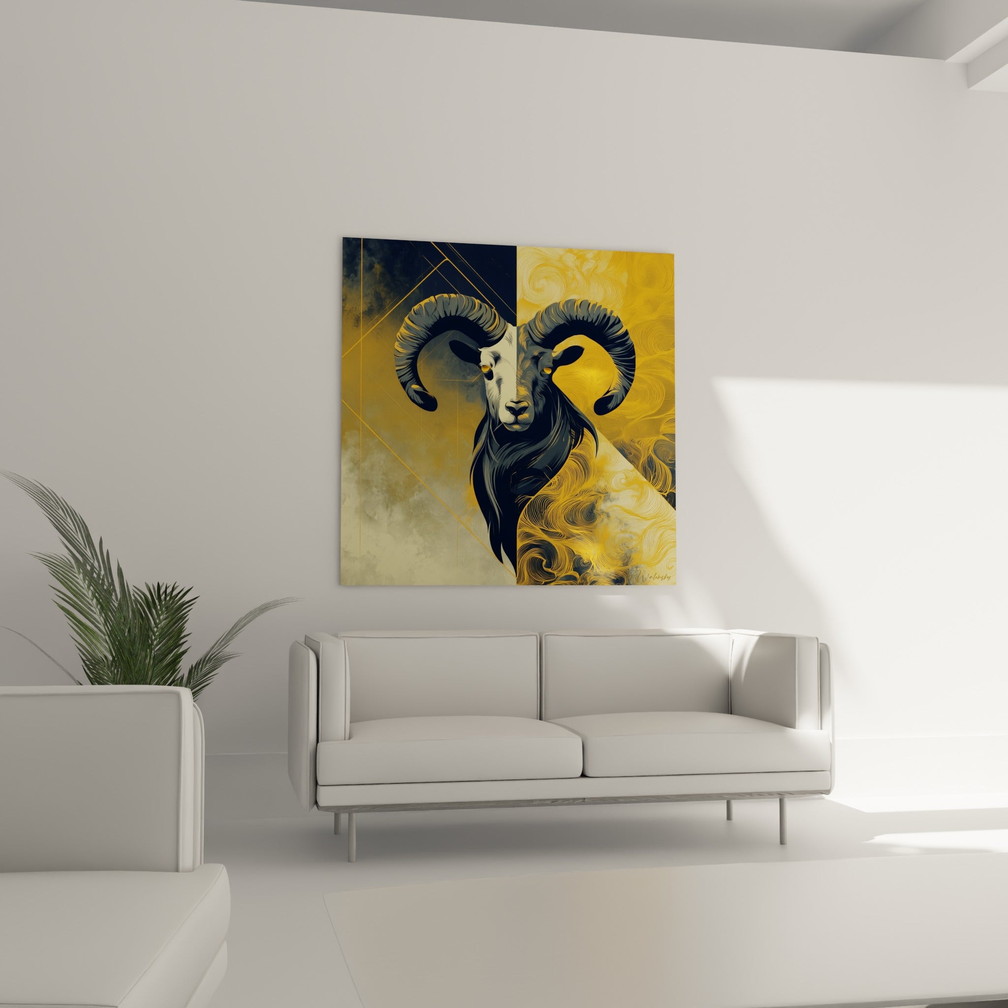 Regard ambré d'un bélier symétrique bleu marine et or placé au-dessus d'un canapé dans un salon lumineux