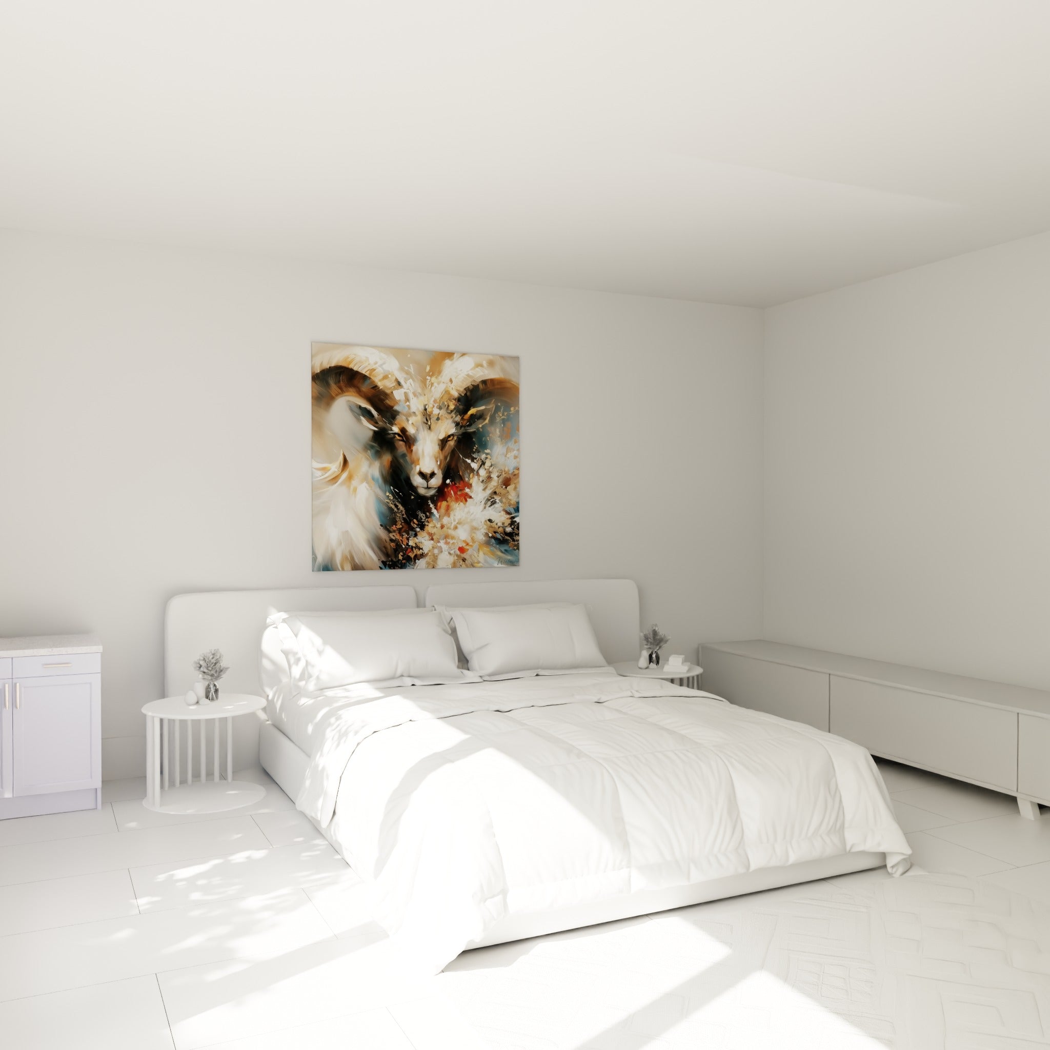 Cornes ivoire et regard ambré du Bélier doré au-dessus d'un lit dans une chambre claire