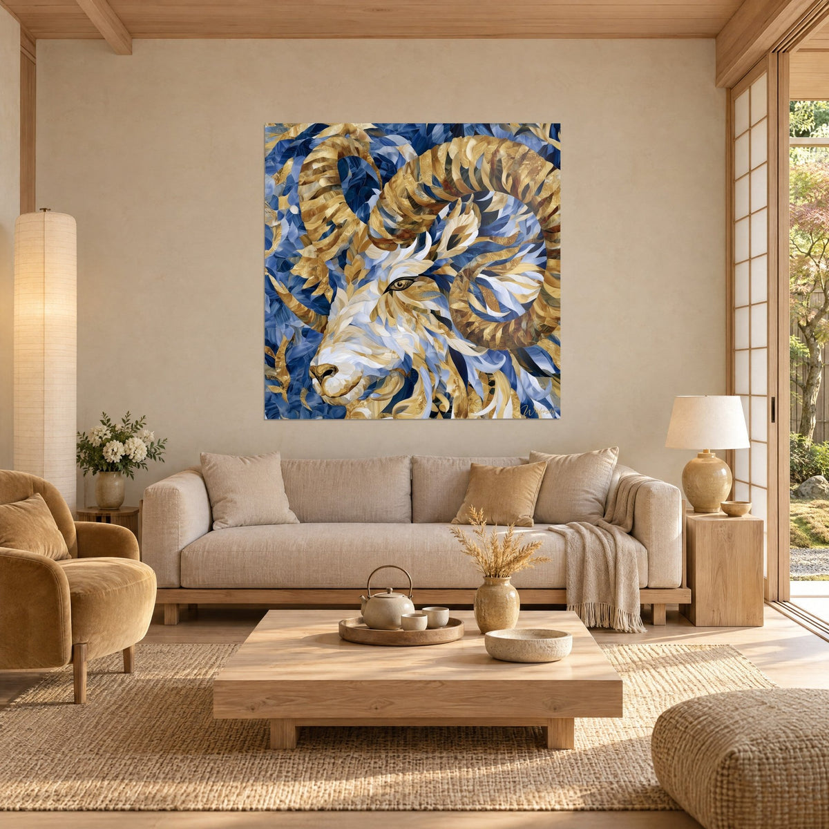 Quadro di ariete con corna a spirale dorate su frammenti blu navy, mosaico avorio, sopra un divano in un soggiorno luminoso