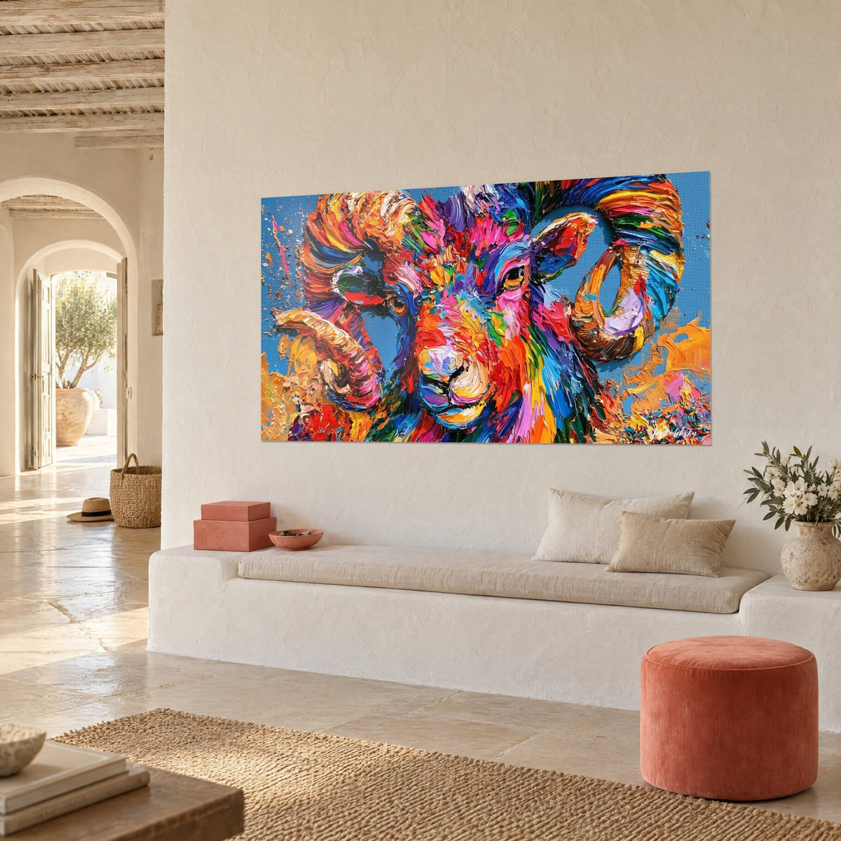 Quadro di testa di ariete in pennellate a spatola arancioni e rosa su fondo azzurro cielo, appeso di traverso vicino a una panca bianca