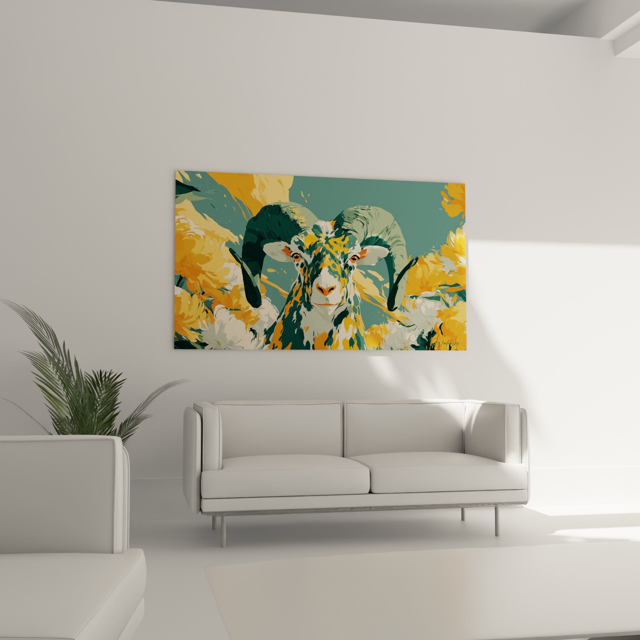 Regard perçant du Bélier entouré de fleurs orangées, au-dessus d'un canapé dans un salon lumineux