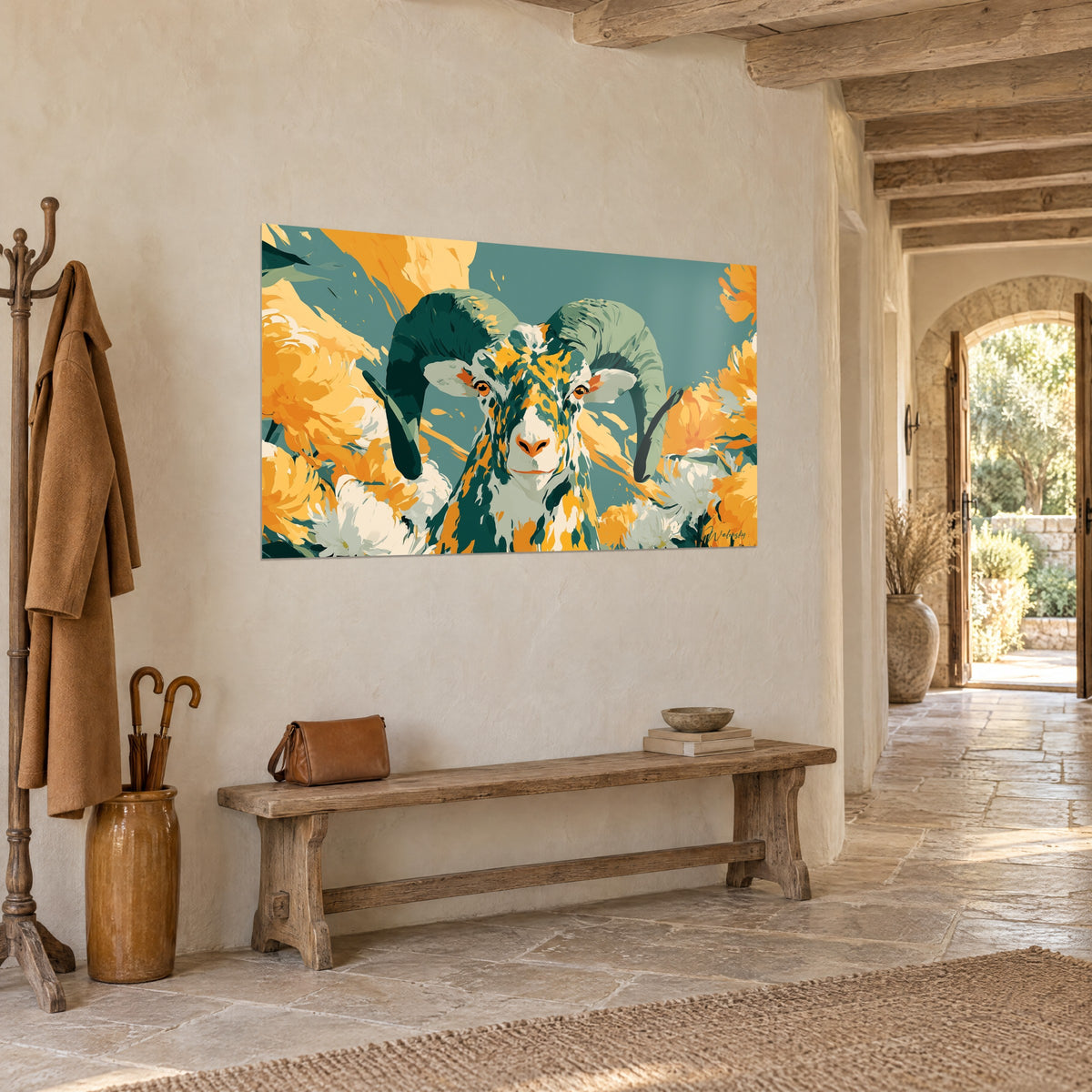 Wall art sheep portrait with large spiral horns, teal green background and golden flowers, textured wall of a stone house