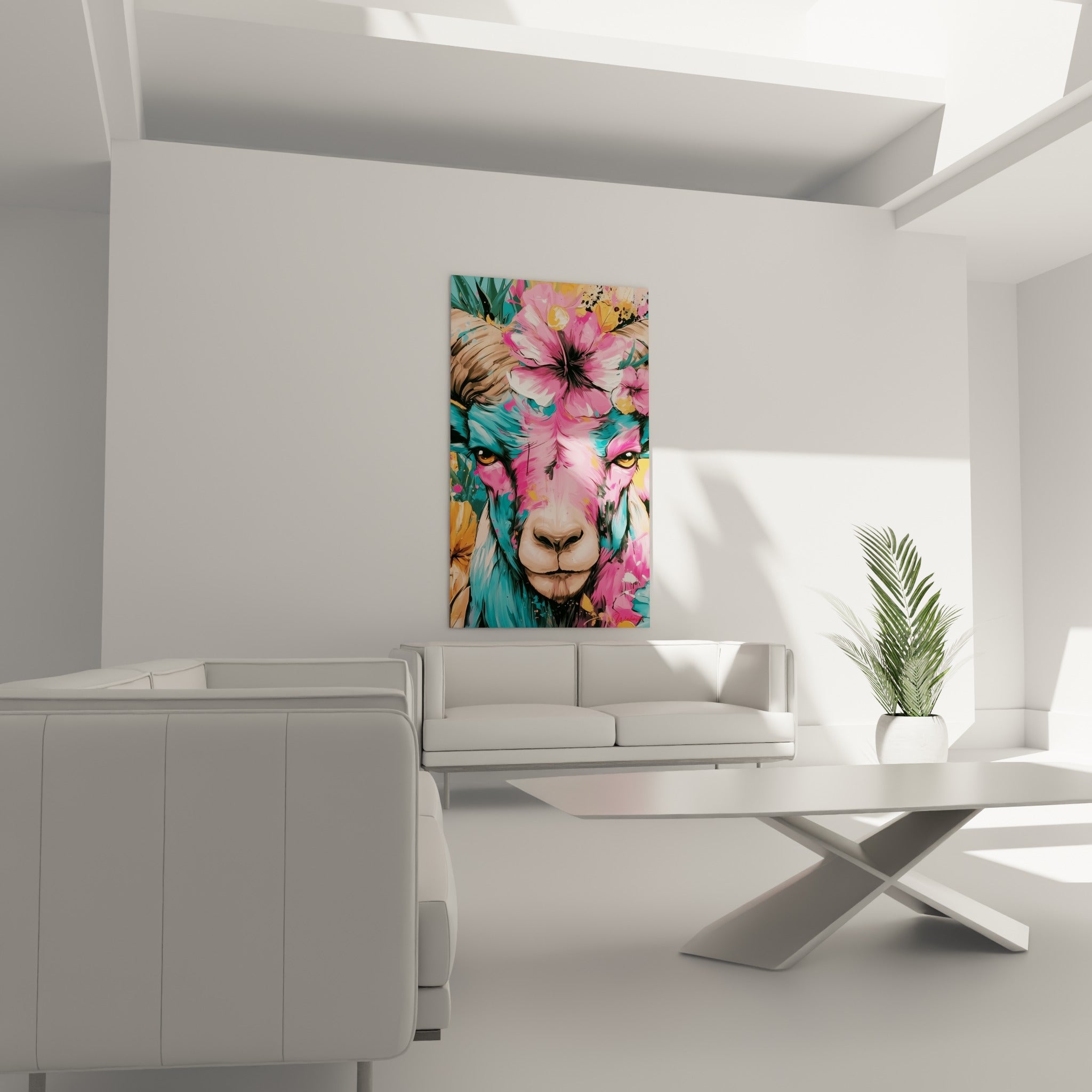 Regard ambré du bélier fleuri en rose et turquoise, placé au-dessus d'un canapé dans un salon lumineux