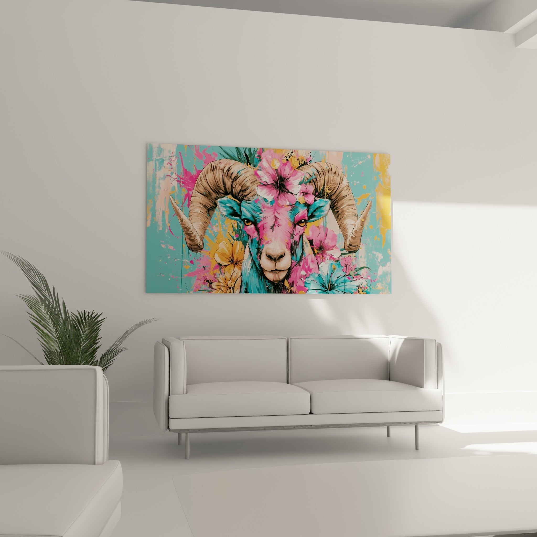 Regard ambré du Bélier rose et bleu turquoise entouré de pétales, au-dessus d'un canapé dans un salon lumineux