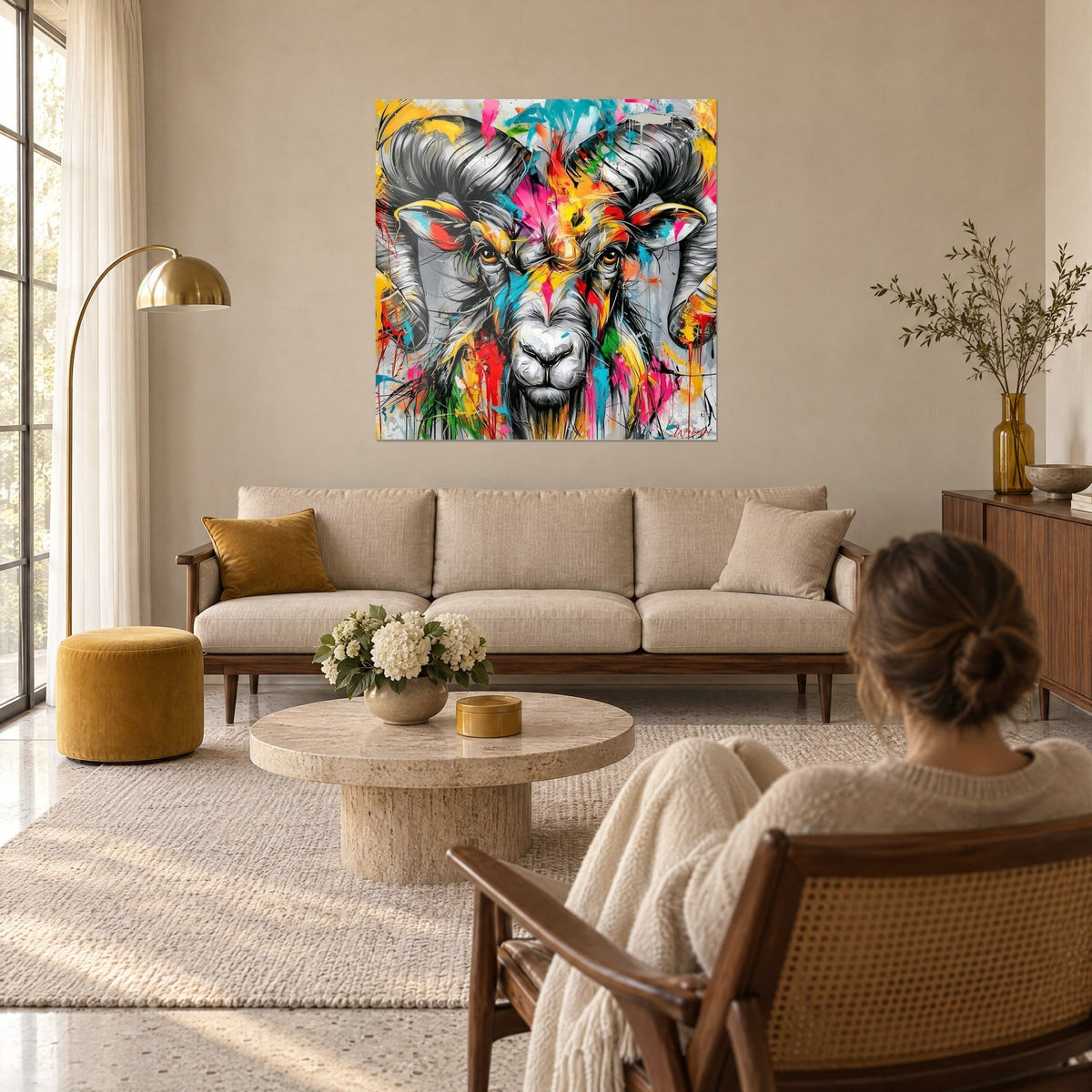Gemälde Widderkopf mit grauen spiralförmigen Hörnern, gelbe und rosa Spritzer, über einem Sofa in einem hellen Wohnzimmer