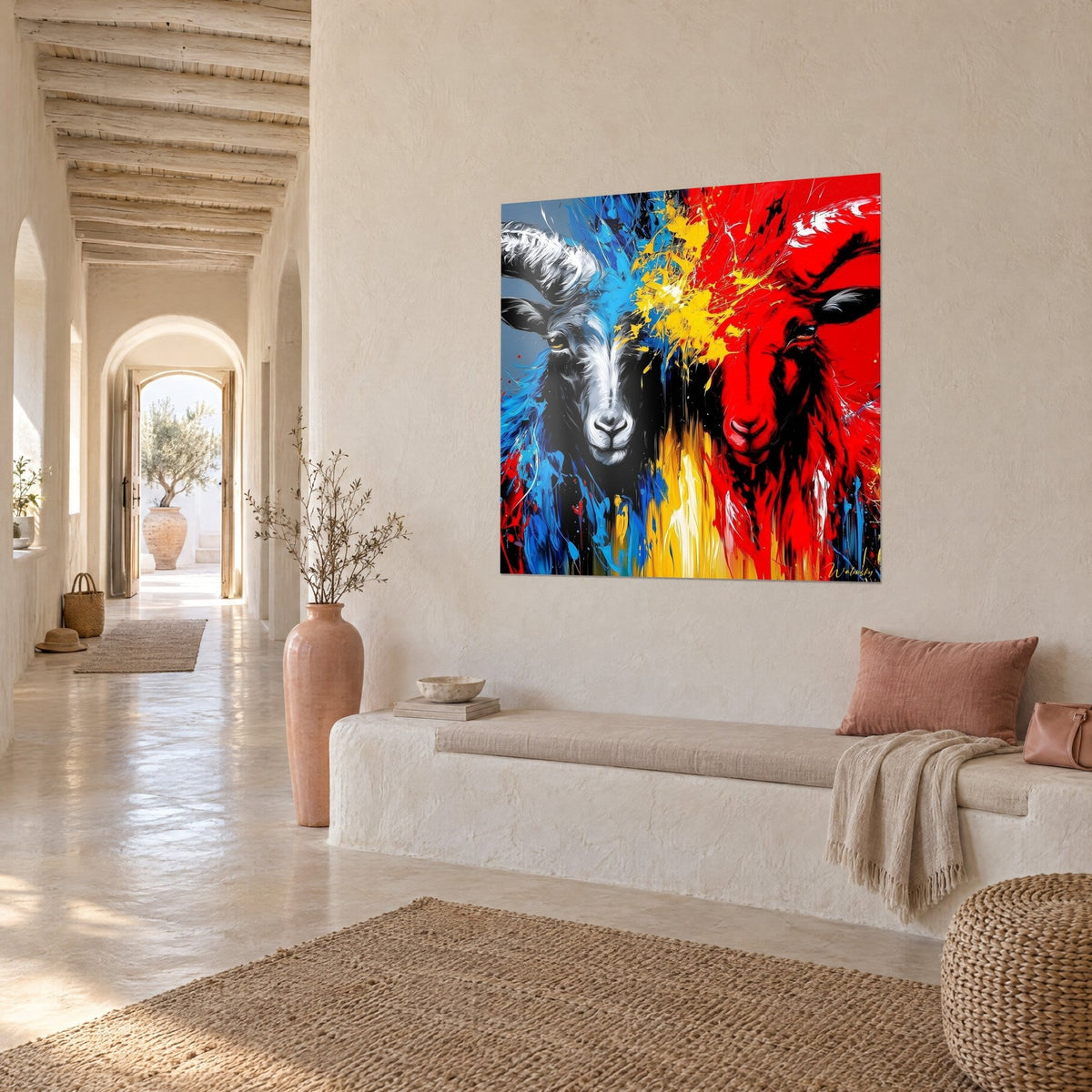 Tableau duel de deux boucs à cornes, gris et bleu contre rouge vif, coulures jaunes, mur crème d'un couloir voûté