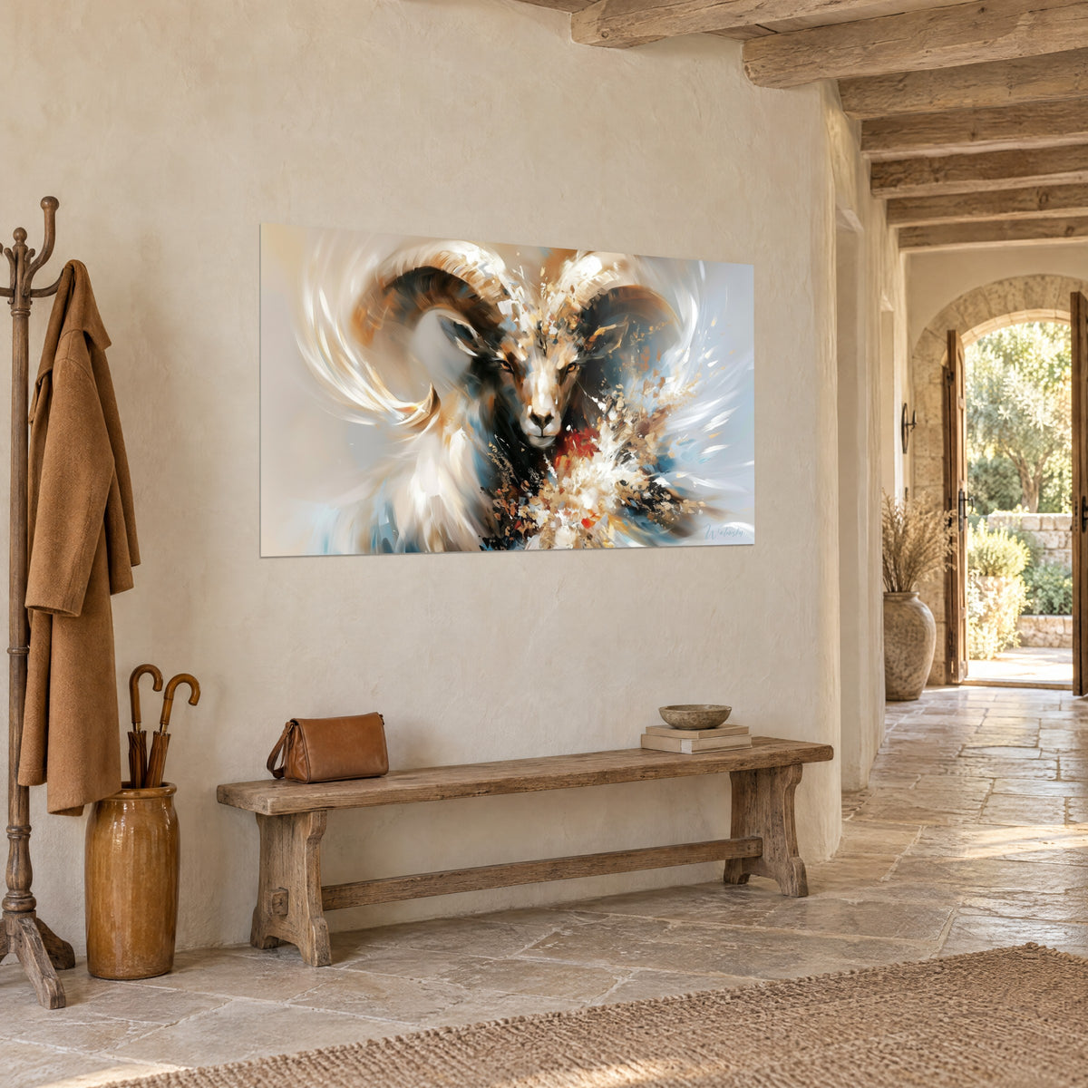 Wall art ram head facing forward, cream and ochre spiral horns, red accents, stone wall, vaulted hallway and wooden bench