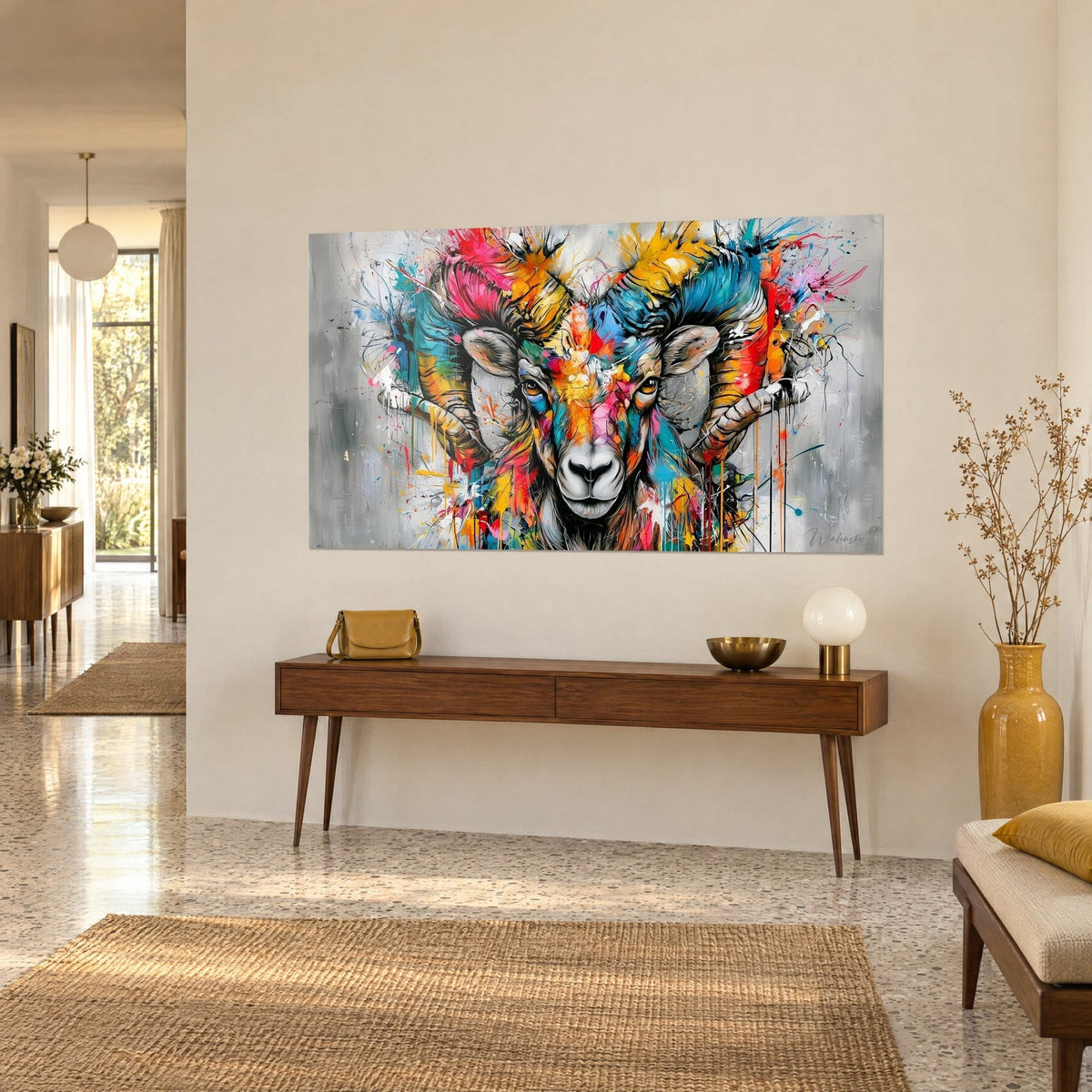 Quadro testa d'ariete di fronte, corna blu turchese e rosse, muso grigio, colature arancioni, sopra una console in legno, vista di tre quarti