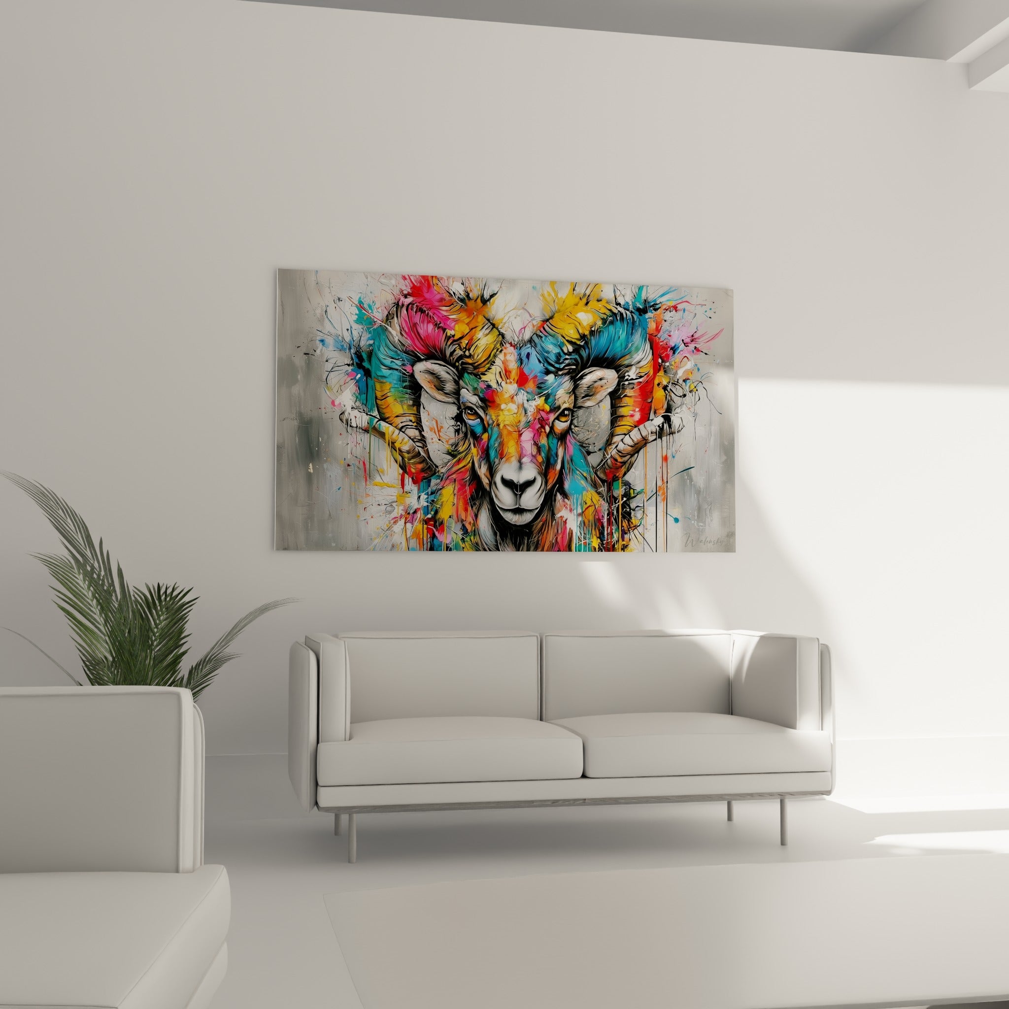 Museau blanc et regard intense du bélier coloré placé au-dessus d'un canapé dans un salon lumineux