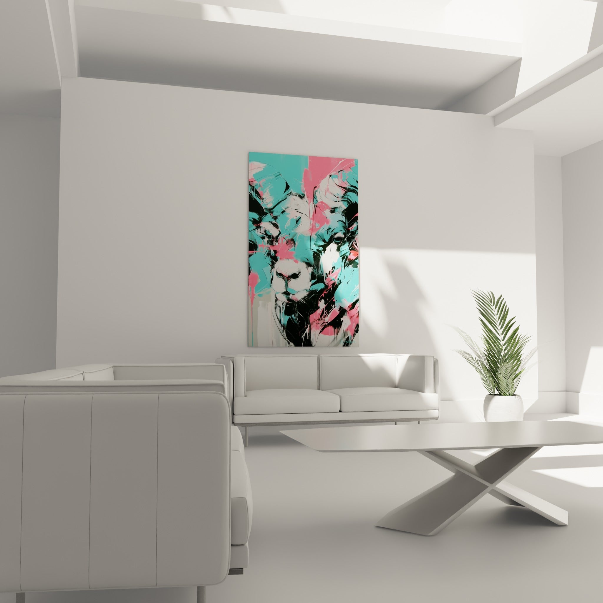 Regard sombre du bélier traversé de coulures roses et turquoise au-dessus d'un canapé dans un salon lumineux