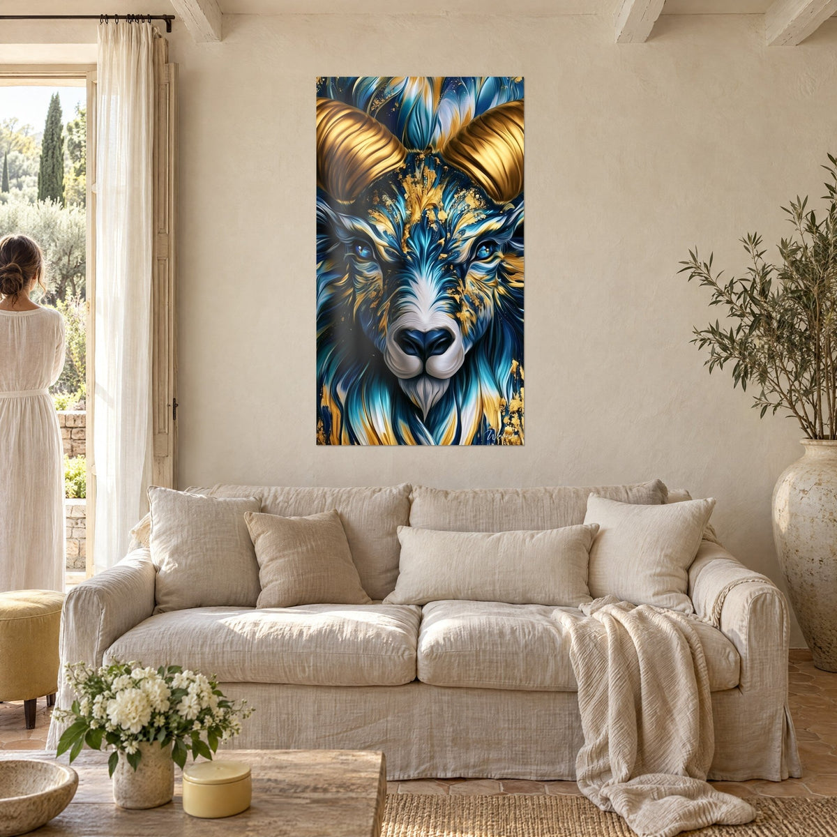 Quadro ariete frontale con corna dorate e manto blu navy, muro di pietra, donna di spalle, sopra un divano in un soggiorno luminoso
