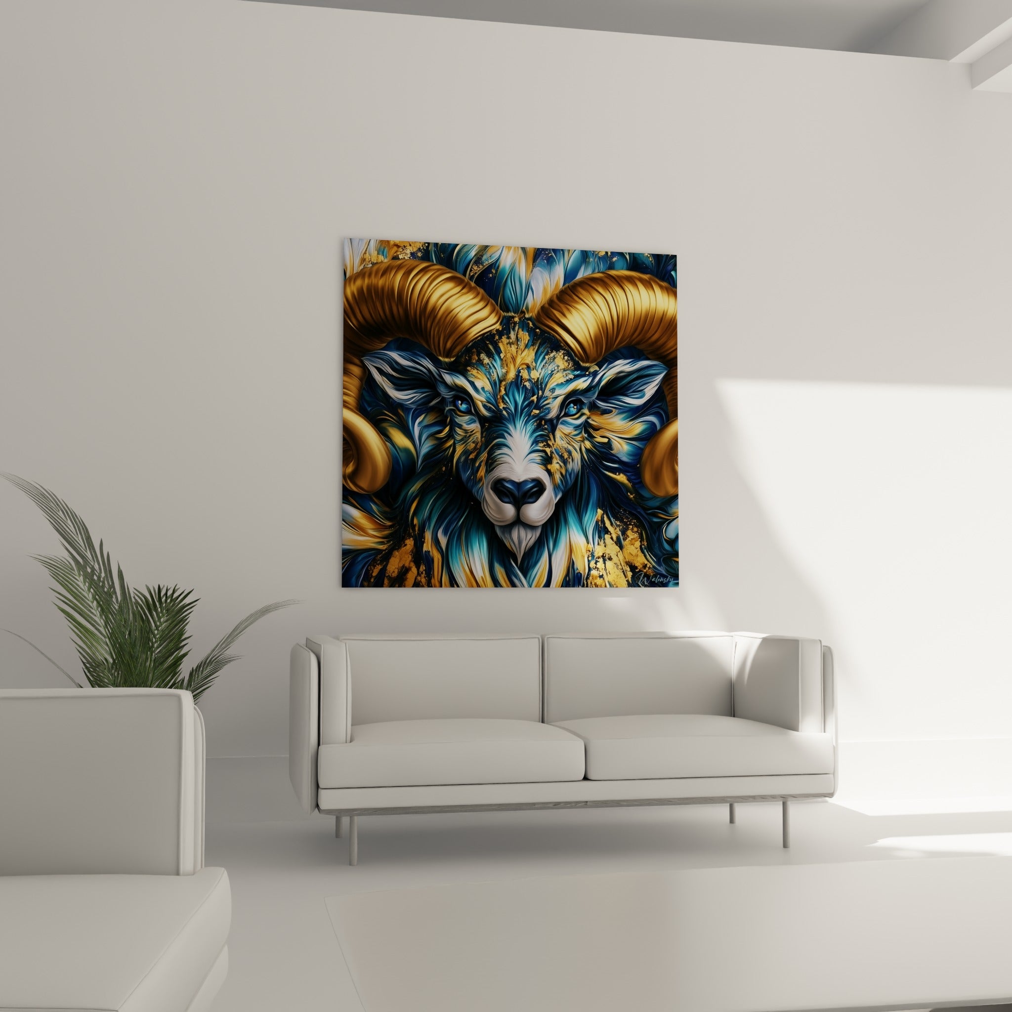 Museau blanc et yeux bleus d'un Bélier doré et bleu nuit au-dessus d'un canapé dans un salon lumineux