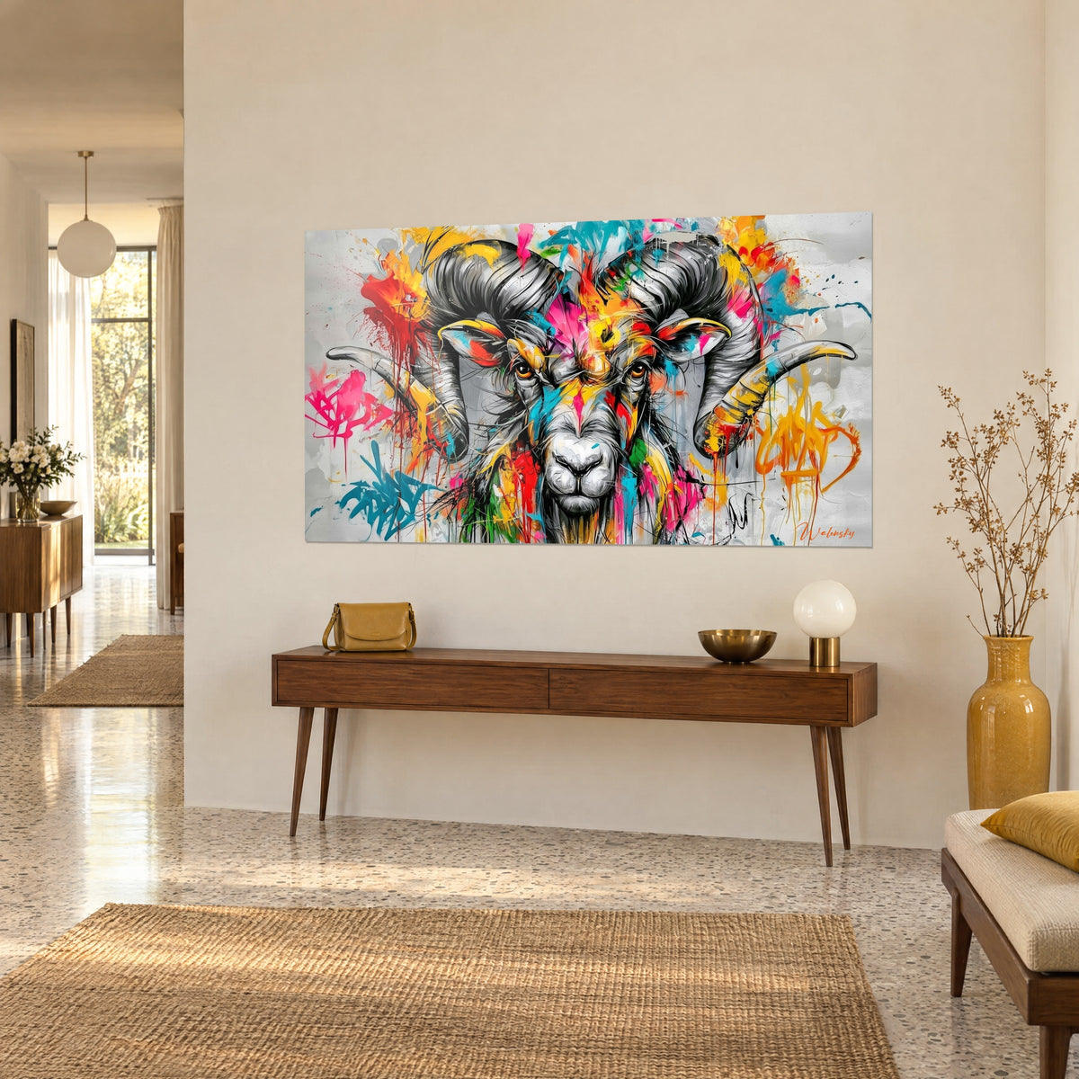 Tableau tête de bélier aux yeux ambrés, coulures rouges et jaunes sur fond gris, sur un mur beige au-dessus d'une console