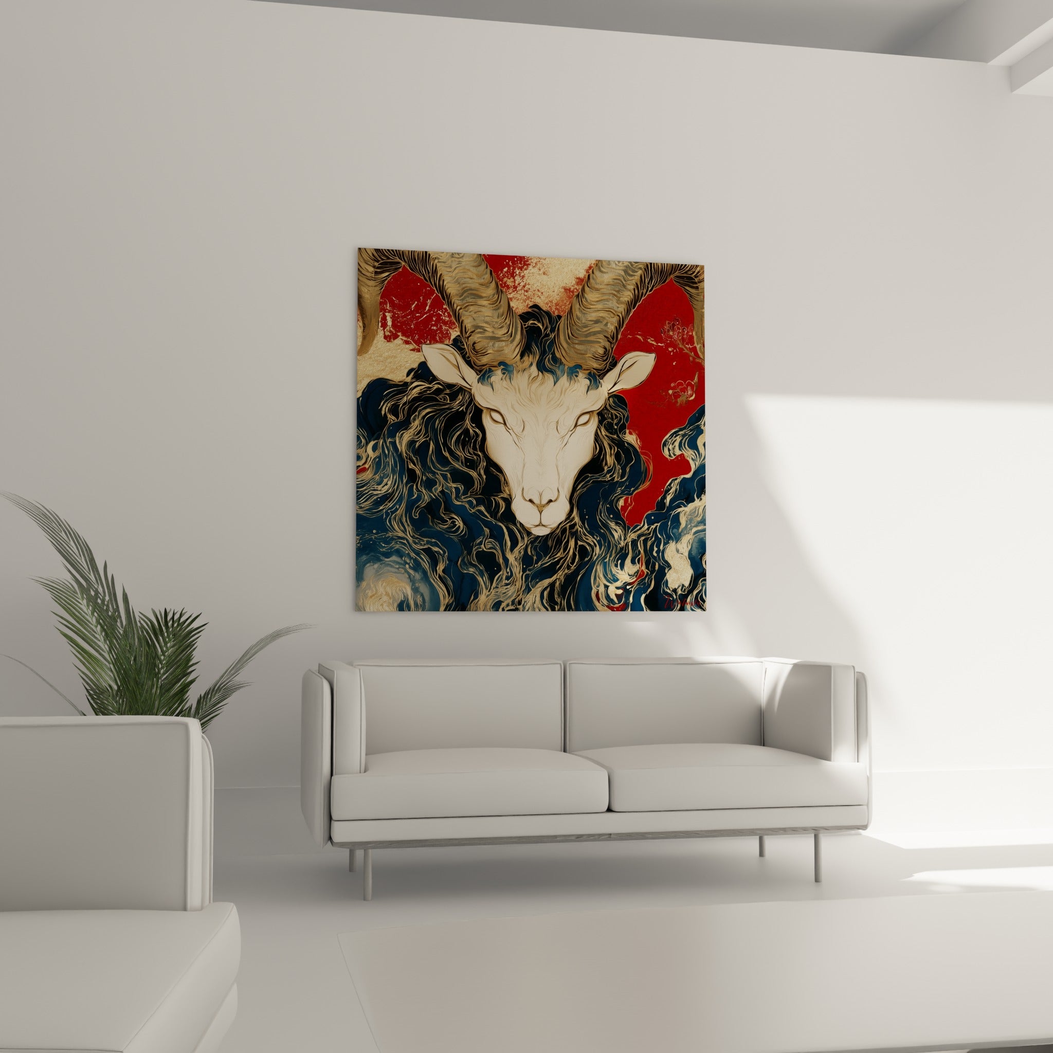 Visage du Bélier crème entouré de volutes bleu marine et rouge, au-dessus d'un canapé dans un salon lumineux