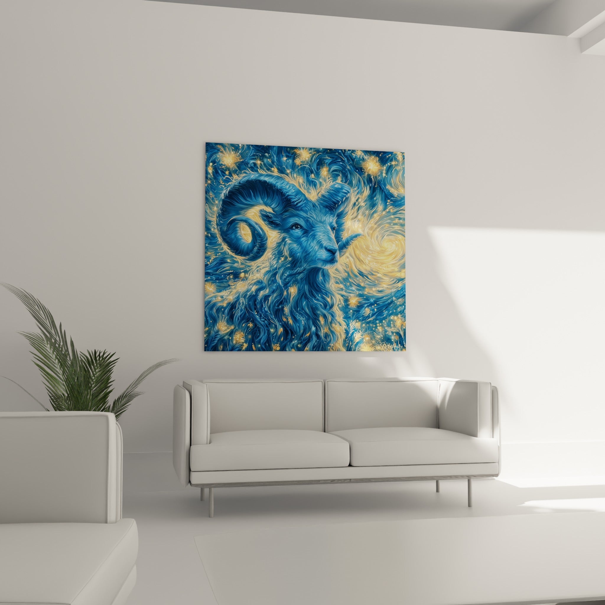 Regard perçant du bélier bleu marine cerné d'éclats dorés, au-dessus d'un canapé dans un salon lumineux
