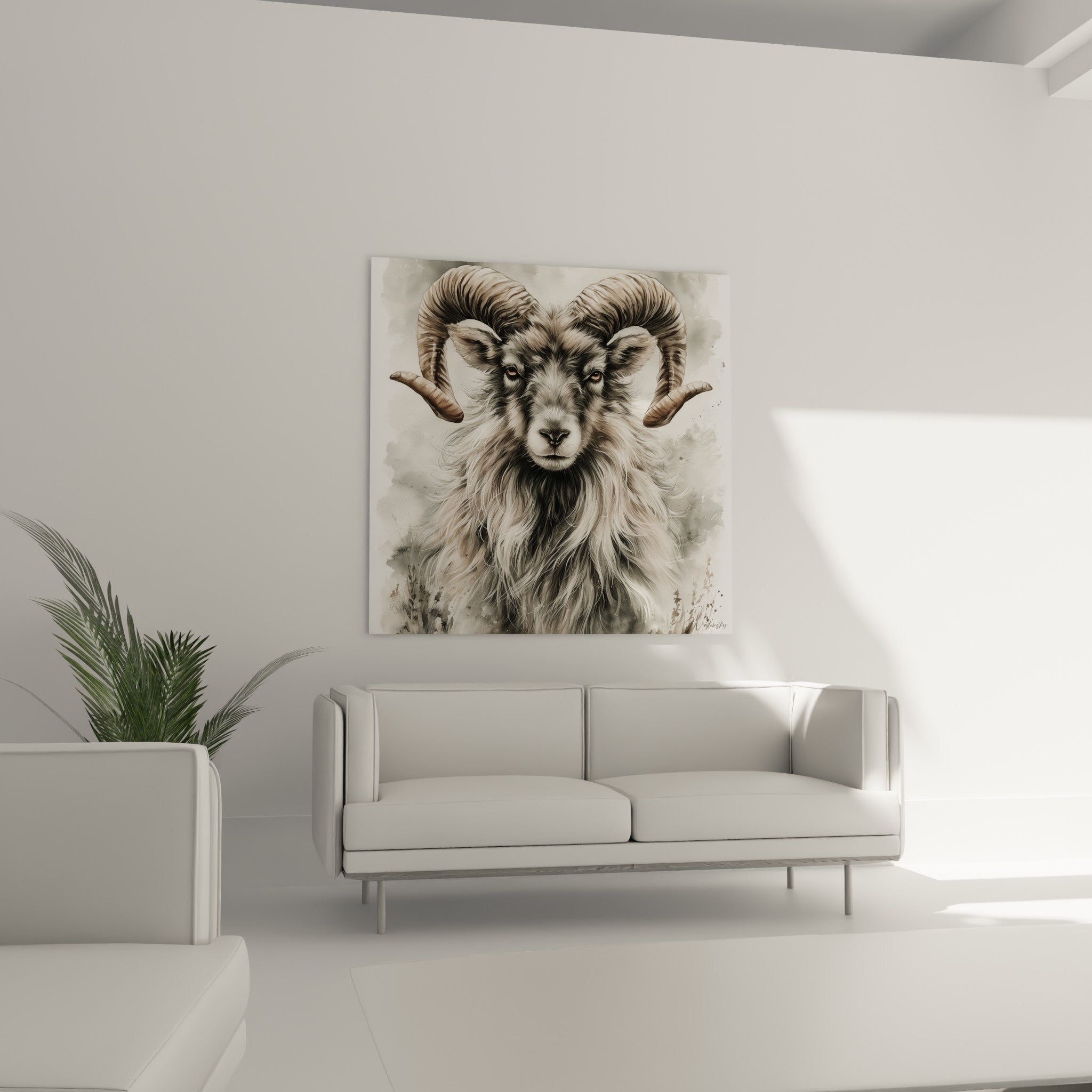 Regard intense du Bélier anthracite et beige placé au-dessus d'un canapé dans un salon lumineux