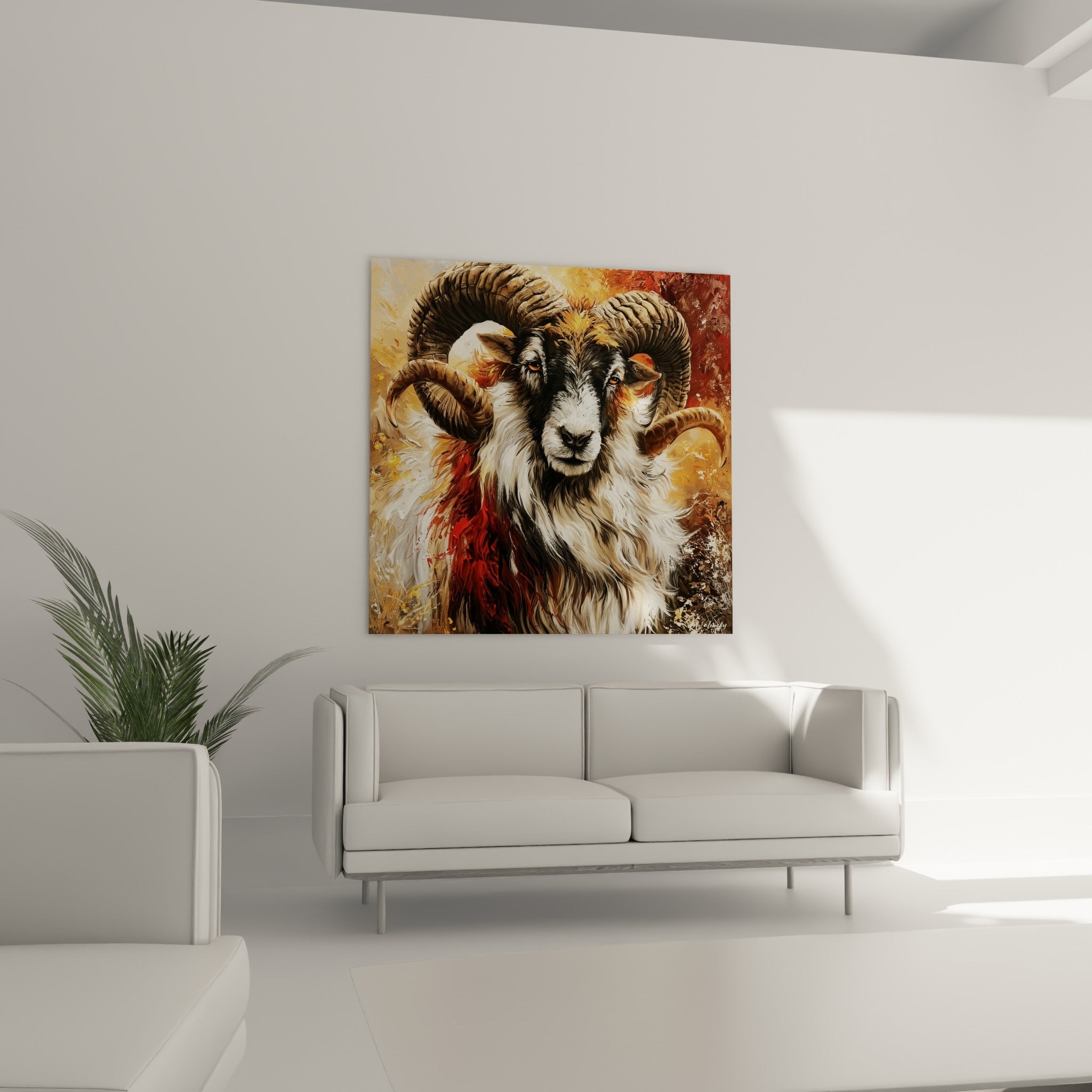 Regard intense du Bélier fauve sur fond rouge, au-dessus d'un canapé dans un salon lumineux.