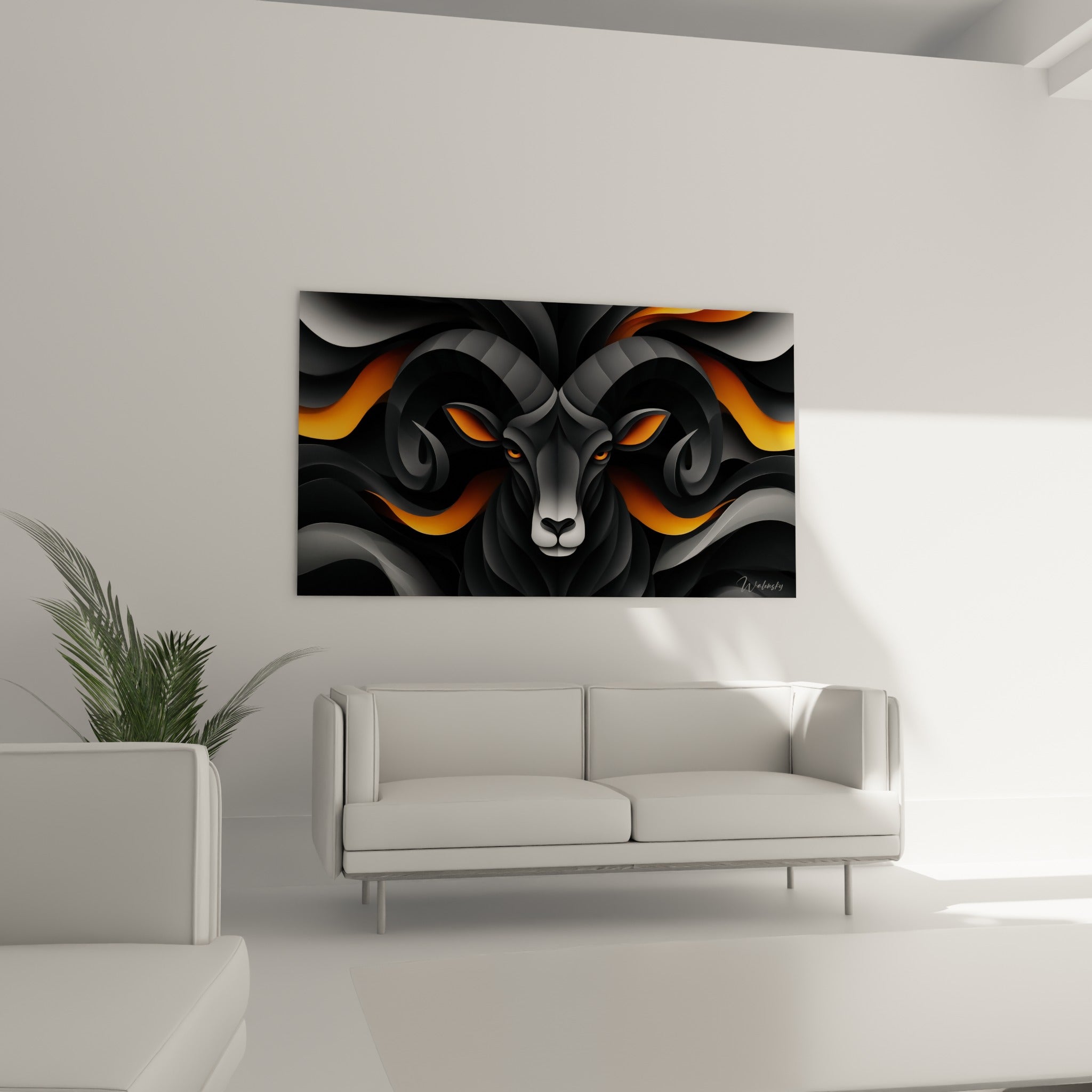 Regard fauve et volutes orangées du Bélier stylisé au-dessus d'un canapé dans un salon lumineux