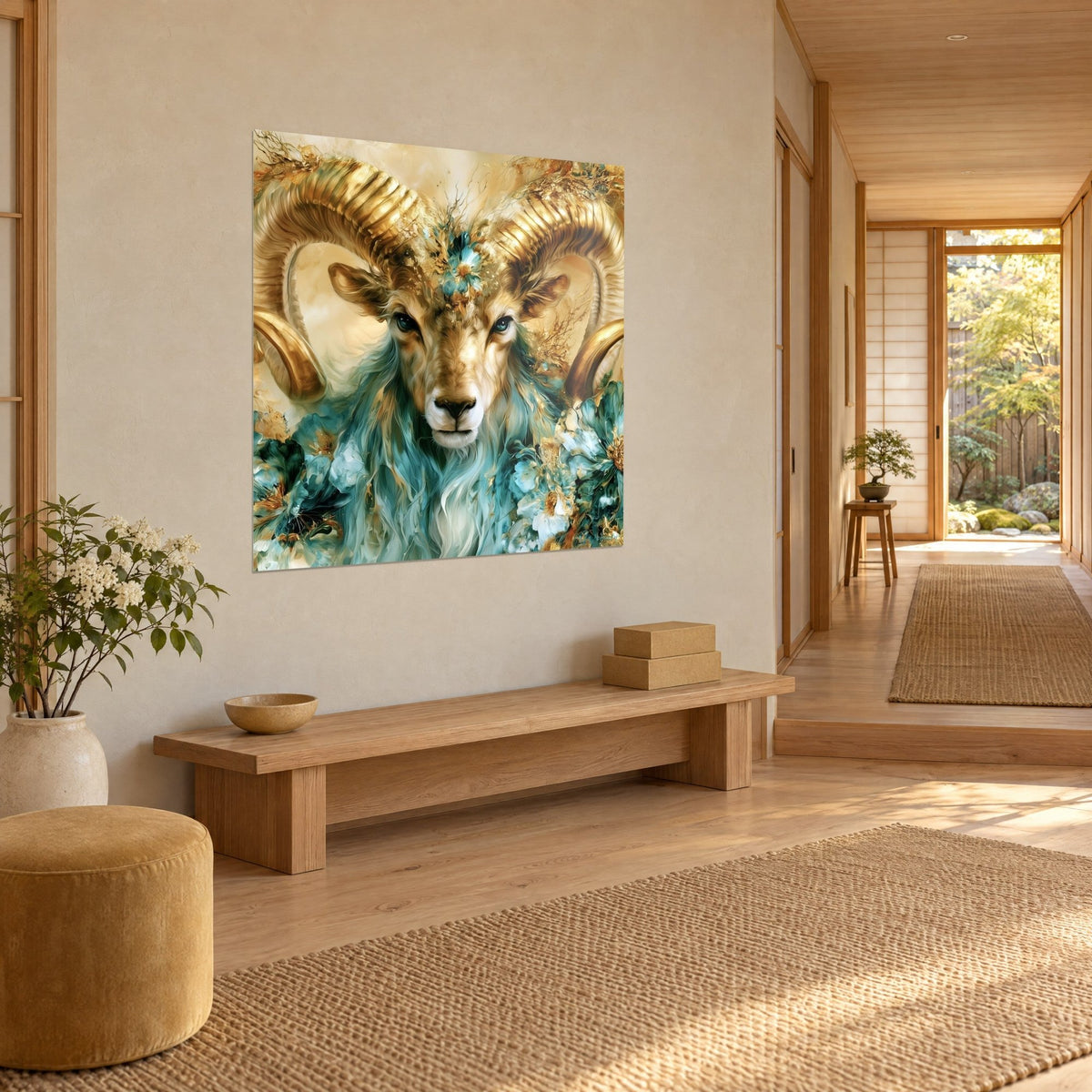 Quadro ritratto di ariete dorato con sguardo turchese, lana blu-verde, fiori bianchi, parete crema e panca in legno chiaro