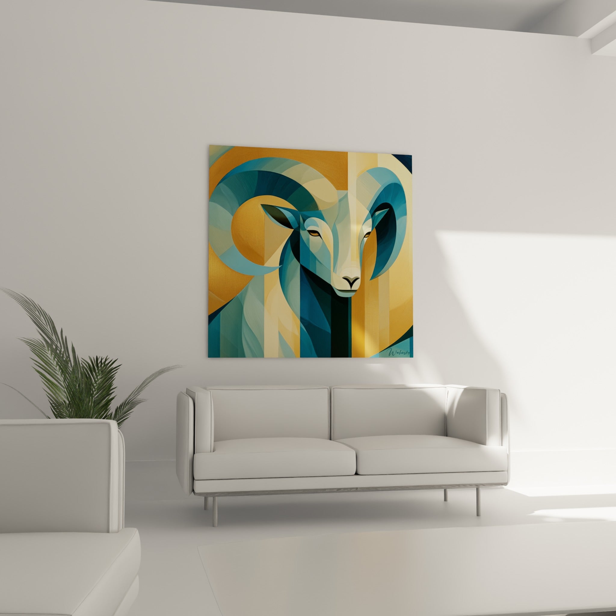 Regard perçant du Bélier entre bleu sarcelle et doré, accroché au-dessus d'un canapé dans un salon lumineux