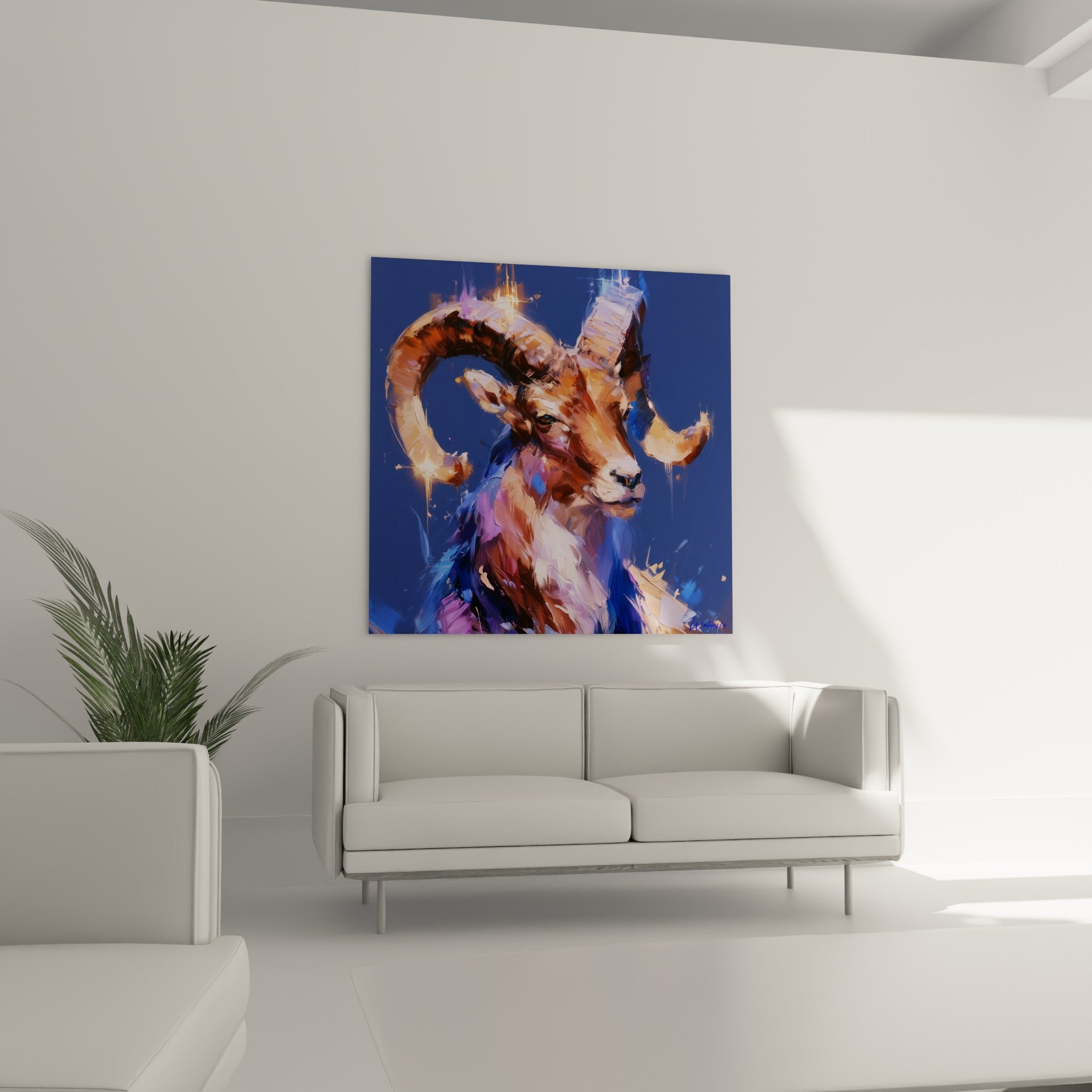 Portrait expressif du Bélier en tons ocre et bleu profond, au-dessus d'un canapé dans un salon lumineux