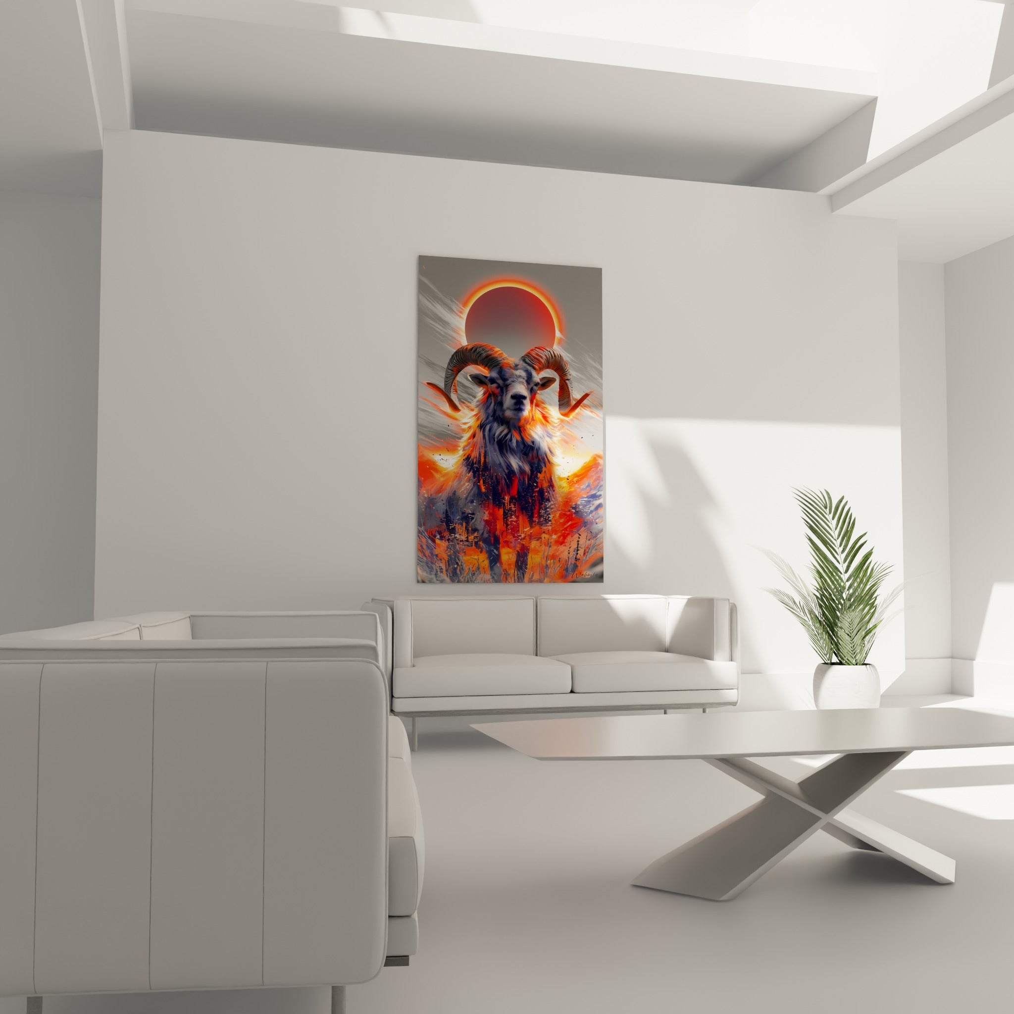Regard fixe du Bélier entouré de flammes anthracite et orange, au-dessus d'un canapé dans un salon lumineux