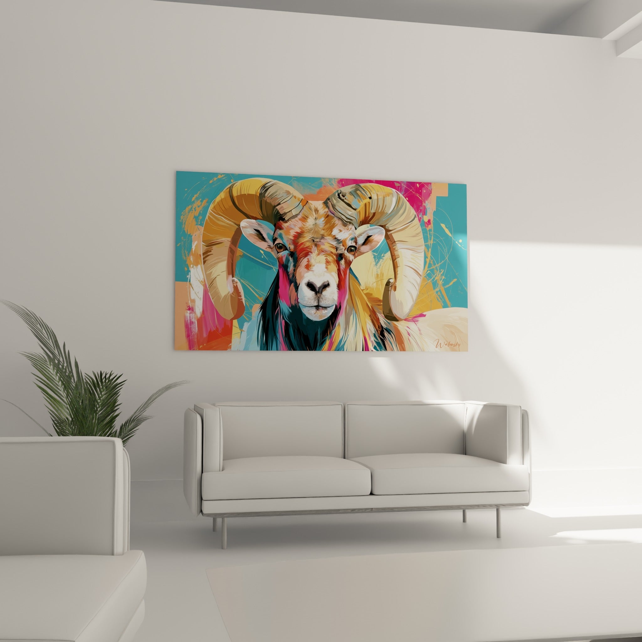 Regard intense du Bélier turquoise et doré au-dessus d'un canapé dans un salon lumineux