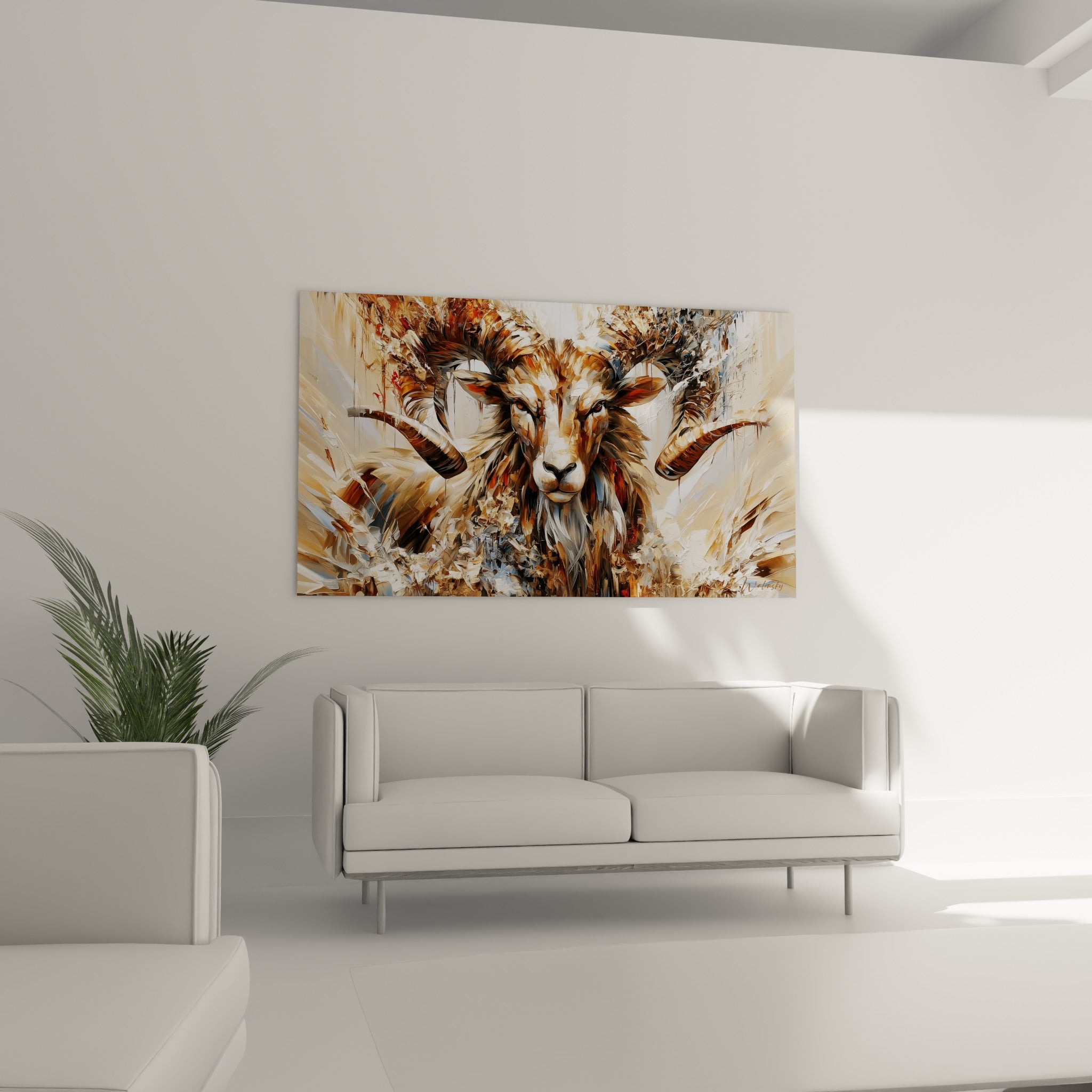 Regard intense du bélier fauve et blanc au-dessus d'un canapé dans un salon lumineux