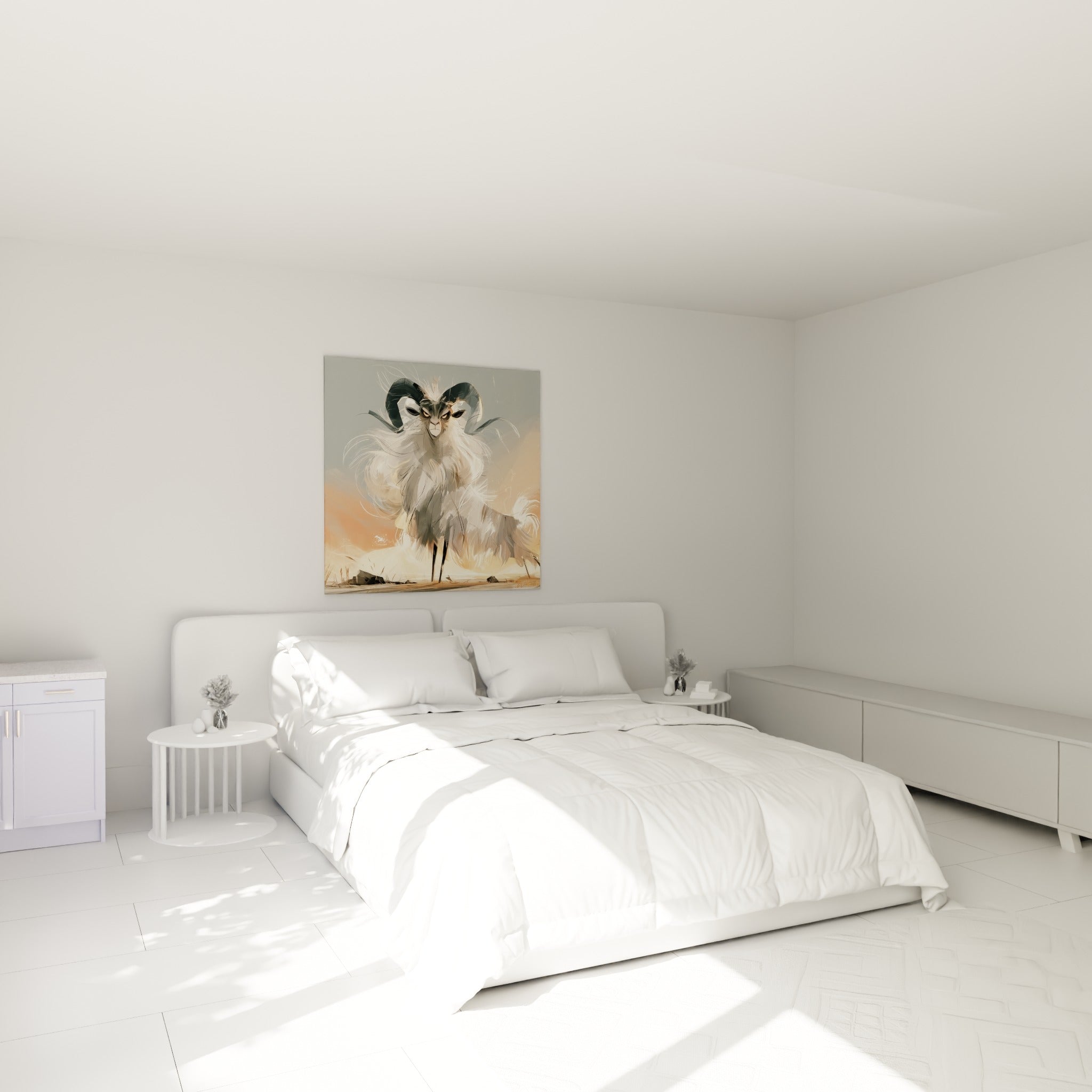 Cornes anthracite et crinière blanche du Bélier surplombent un lit dans une chambre claire