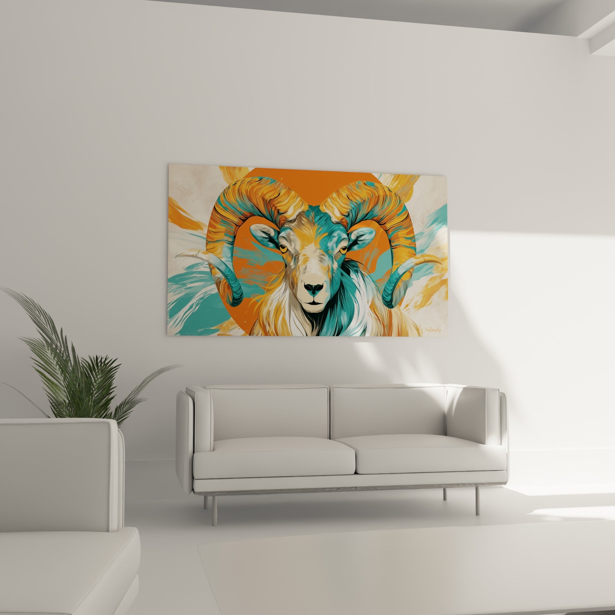 Visage du Bélier fauve et turquoise aux yeux perçants, au-dessus d'un canapé dans un salon lumineux
