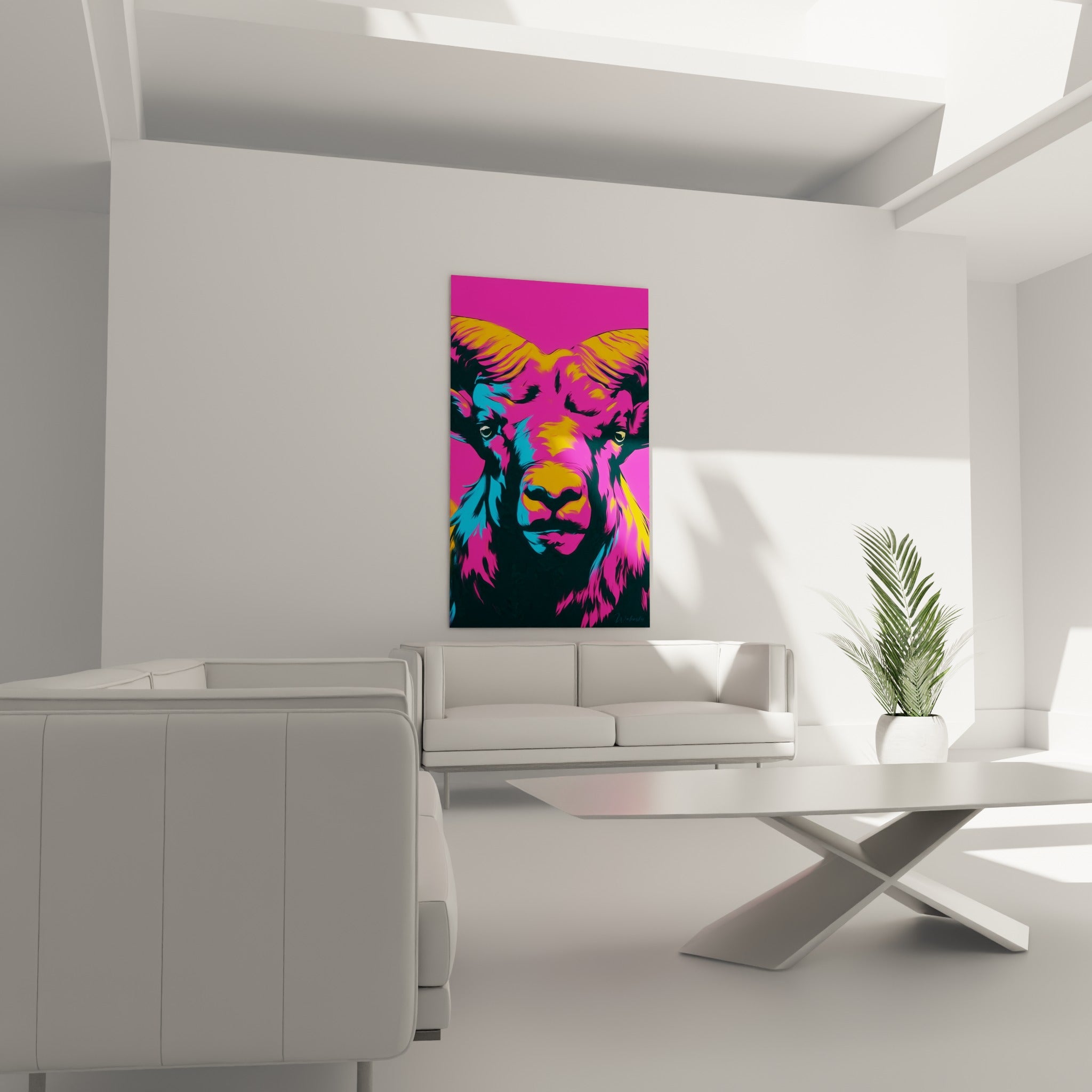 Museau noir et rose du Bélier saisi en pop art, accroché au-dessus d'un canapé dans un salon lumineux