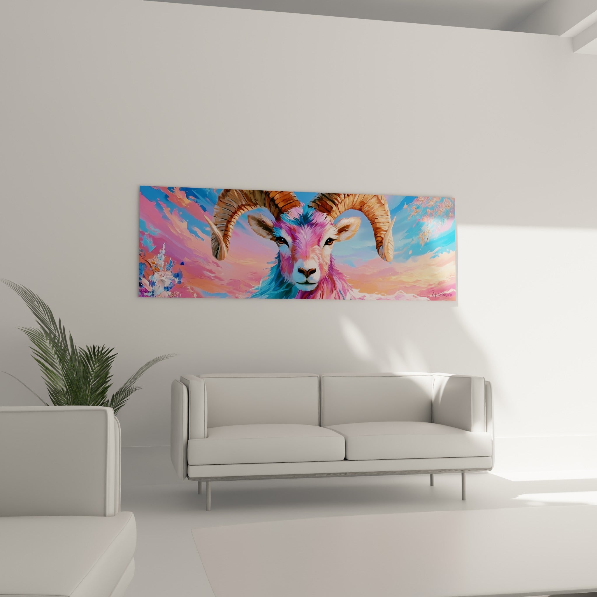 Regard noir intense du Bélier sur fond bleu ciel et rose, au-dessus d'un canapé dans un salon lumineux