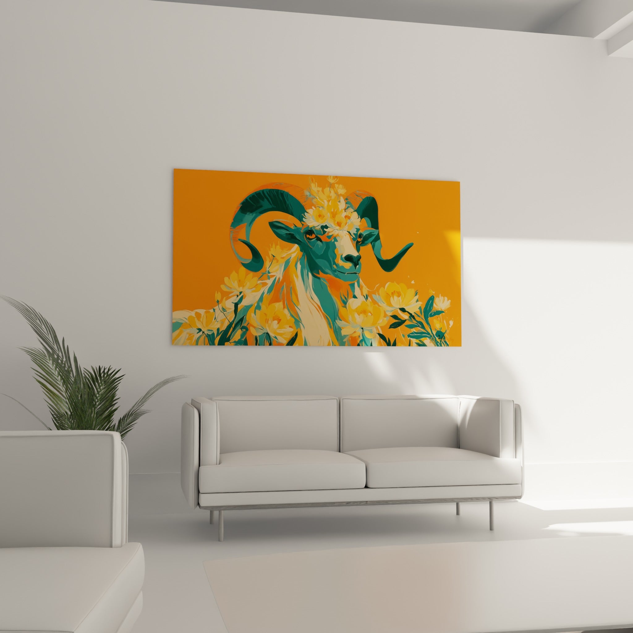 Regard perçant du bélier sarcelle entouré de pivoines ocre, au-dessus d'un canapé dans un salon lumineux