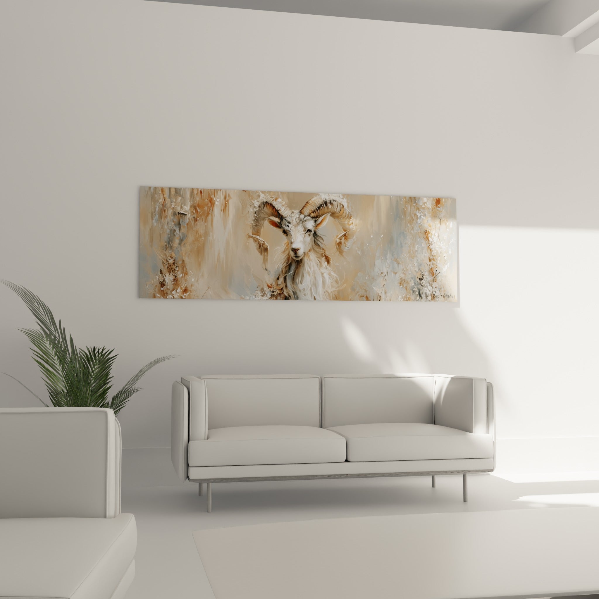 Regard paisible du Bélier sur fond bleu poudré et beige, au-dessus d'un canapé dans un salon lumineux