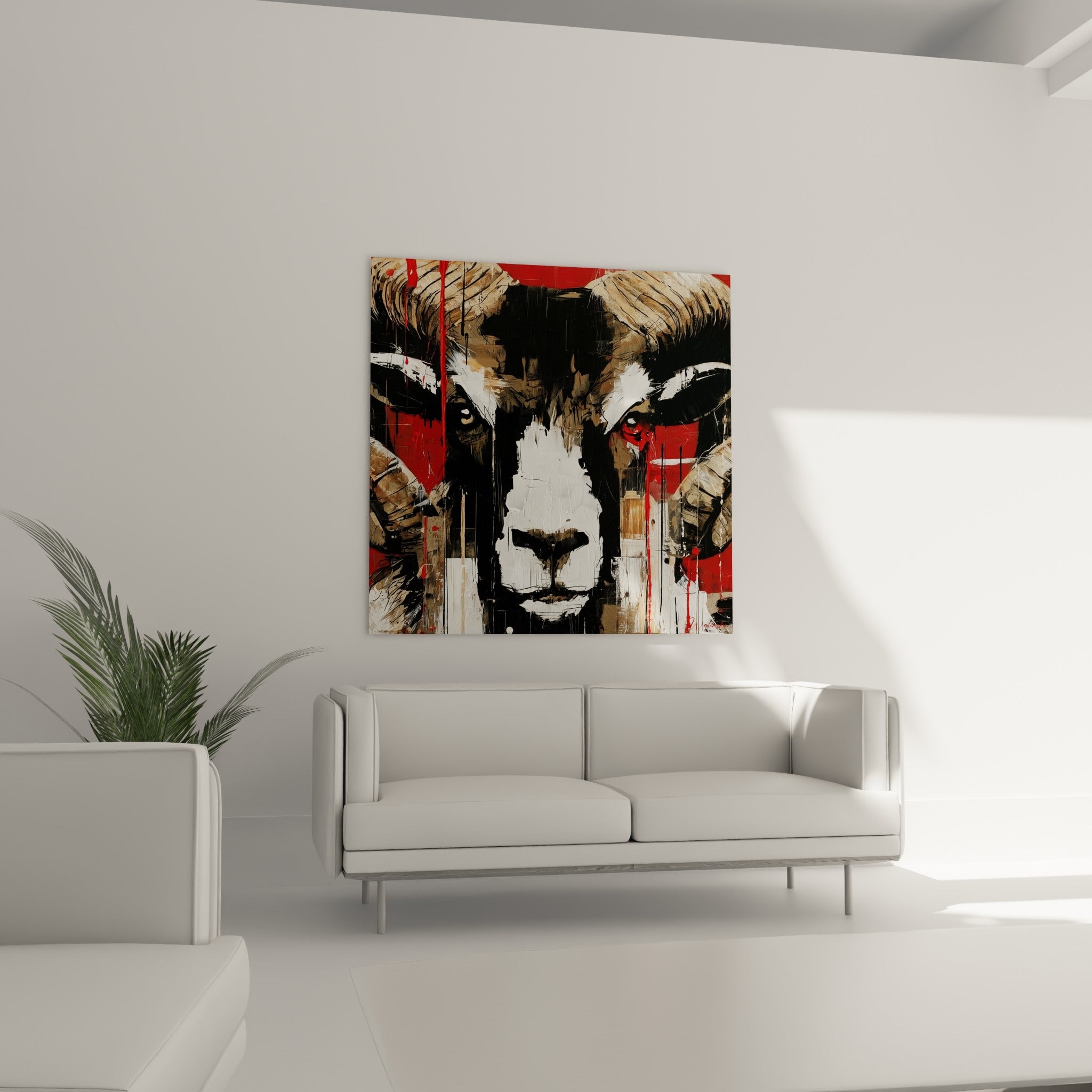 Regard rouge intense du Bélier entre noir profond et beige, au-dessus d'un canapé dans un salon lumineux