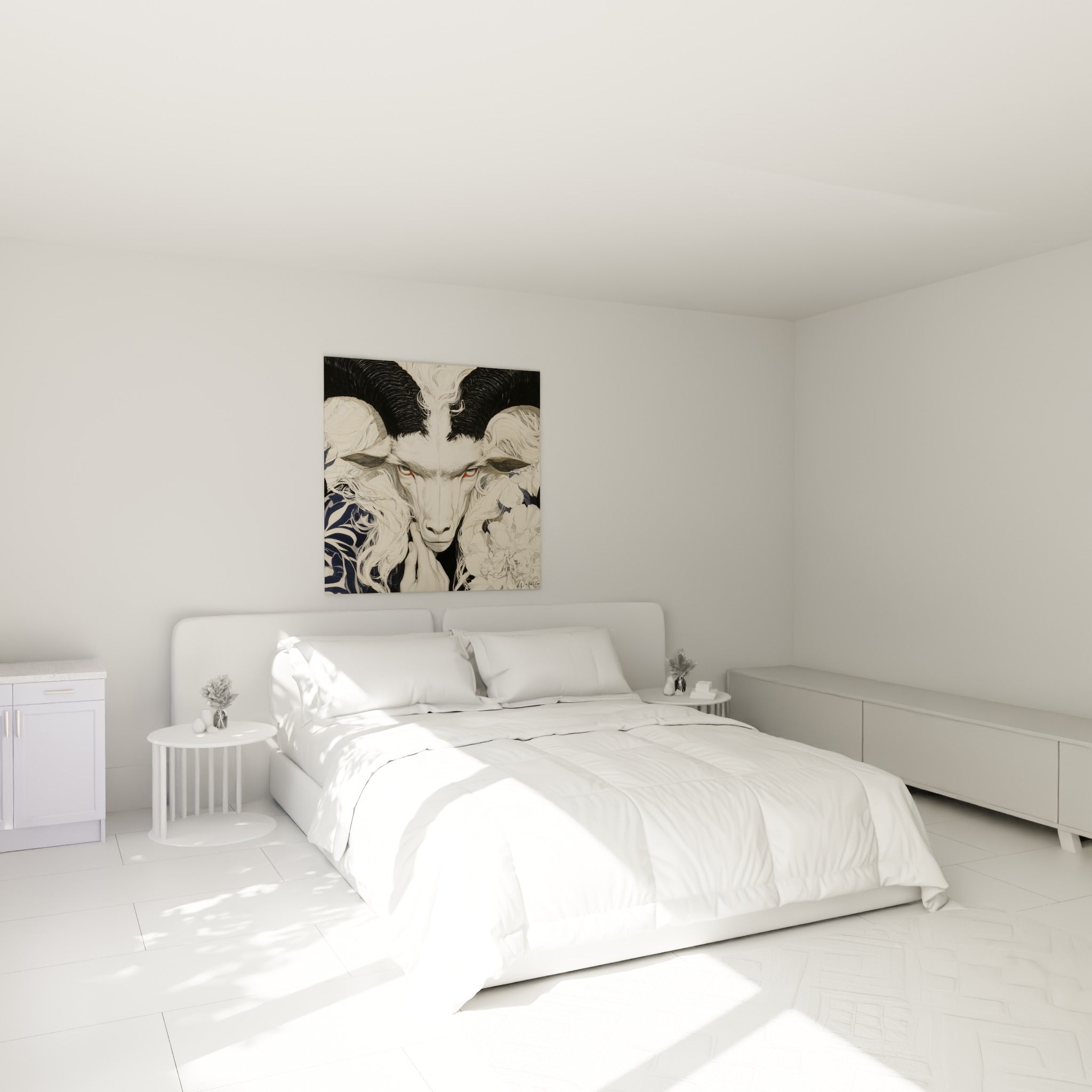 Cornes noires massives et yeux rouges du Bélier accrochés au-dessus d'un lit dans une chambre claire.