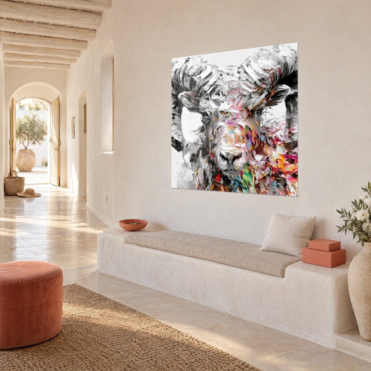 Tableau tête de mouflon en pâte épaisse blanche et noire, museau rose et turquoise, sur un mur crème, vue de trois-quarts