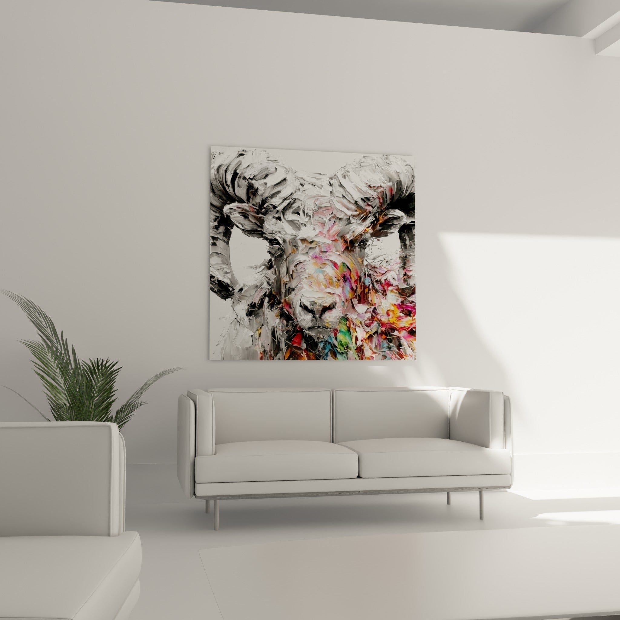 Regard sombre du bélier cerné de couleurs vives, accroché au-dessus d'un canapé dans un salon lumineux