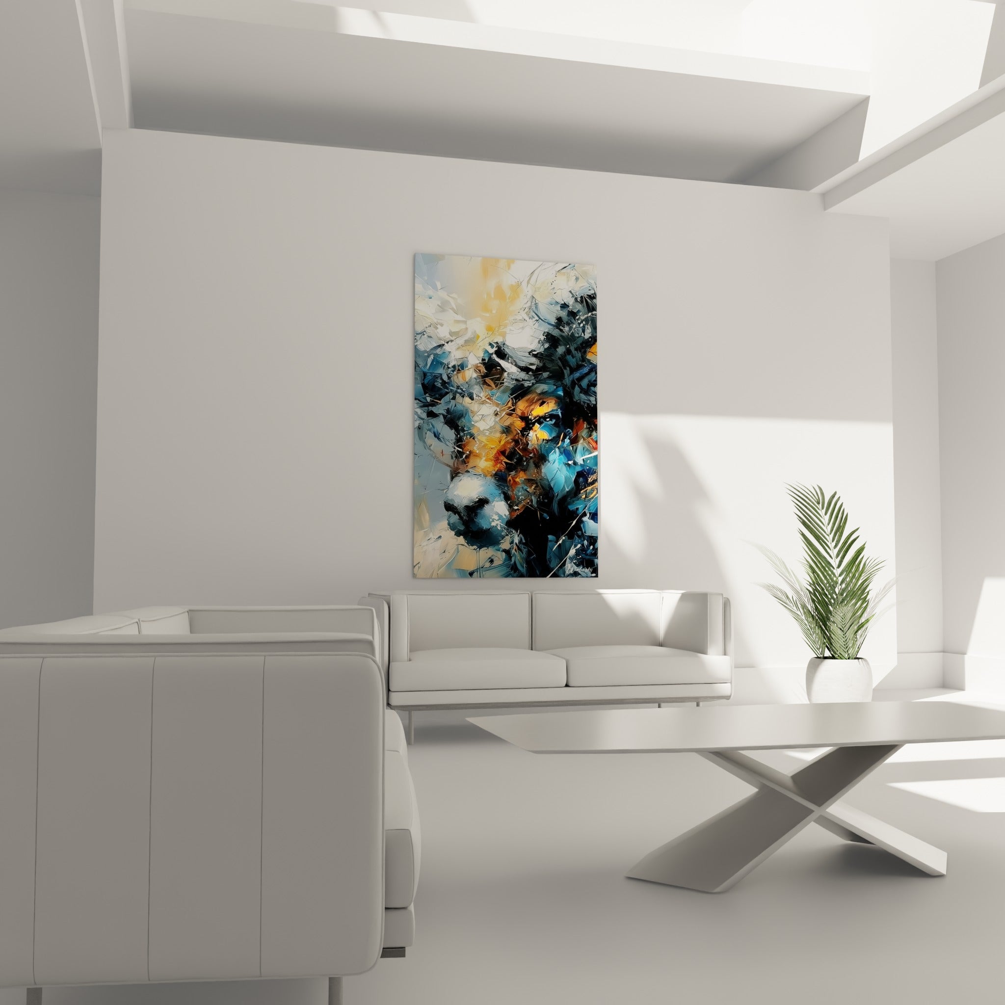 Museau blanc et regard sombre du bélier cerné de bleu ardoise, au-dessus d'un canapé dans un salon lumineux