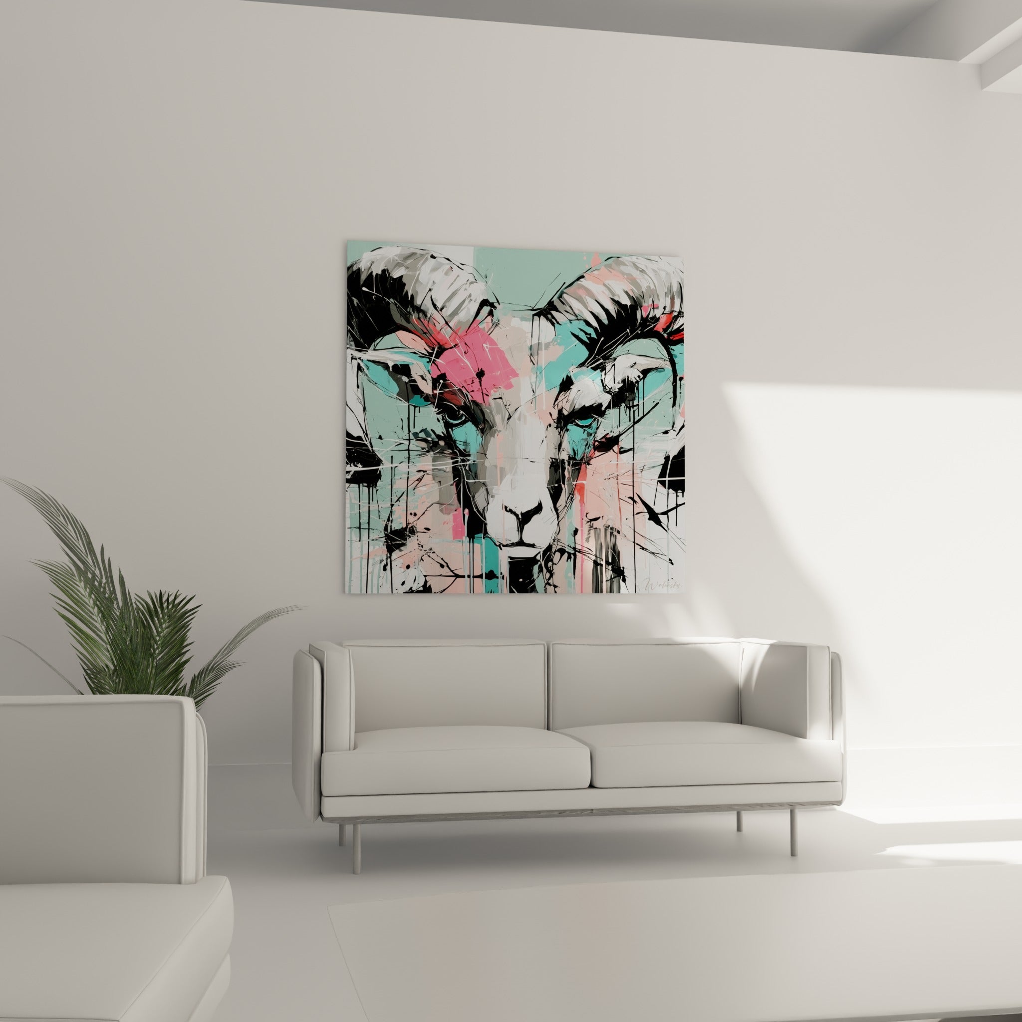Regard turquoise intense de ce Bélier vert menthe et corail, au-dessus d'un canapé dans un salon lumineux