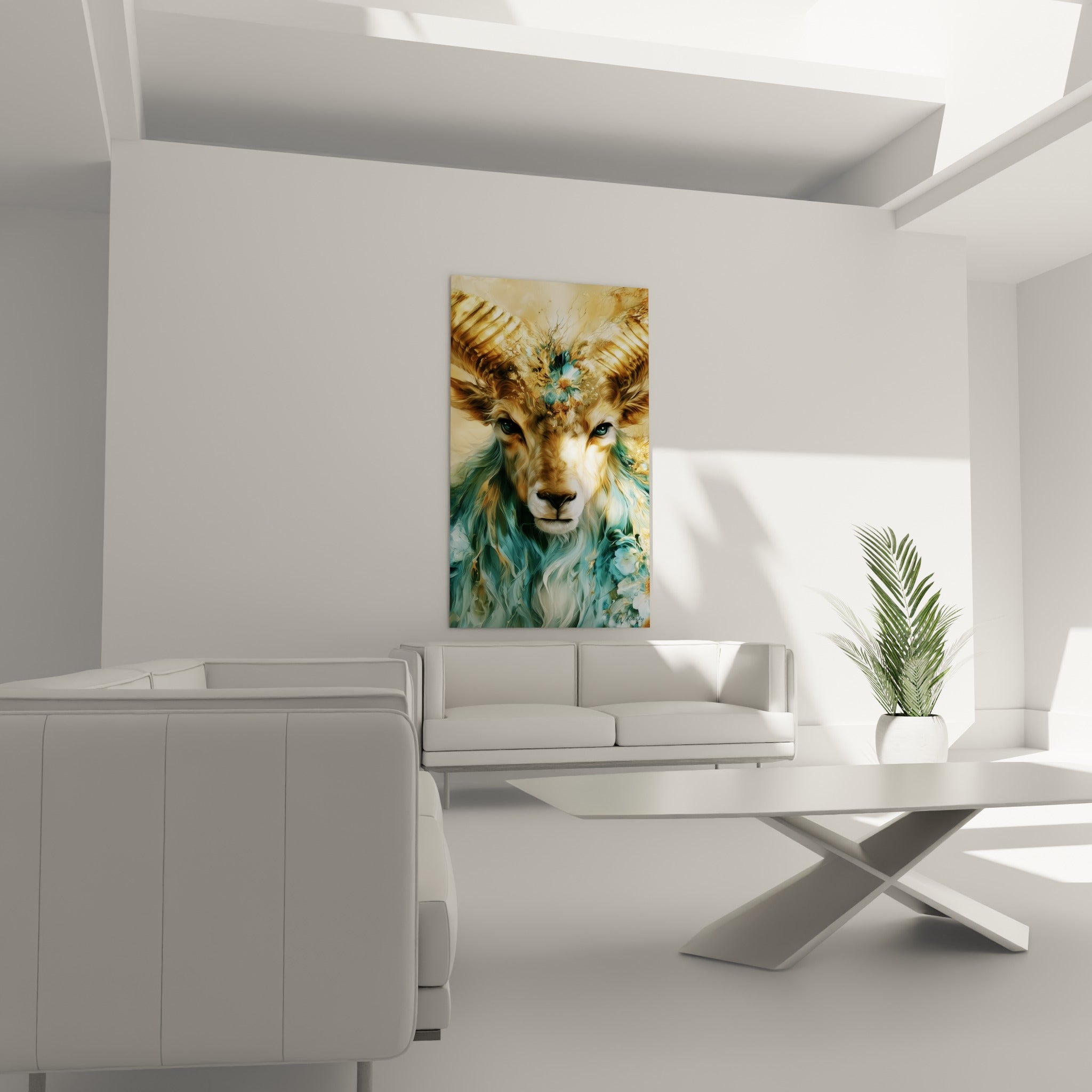 Regard intense du Bélier doré et turquoise trônant au-dessus d'un canapé dans un salon lumineux