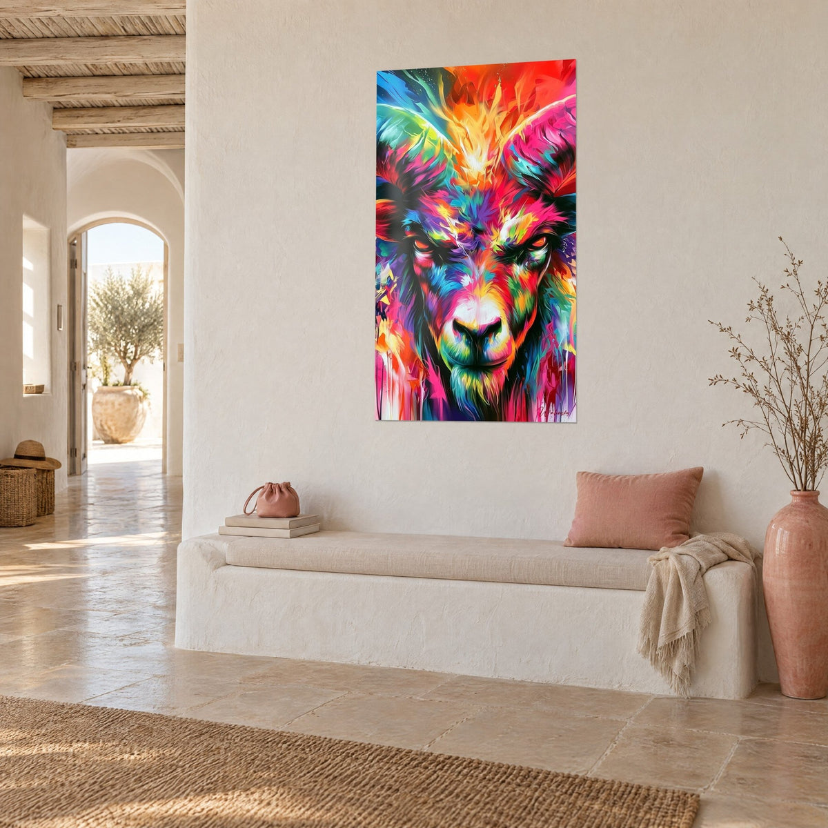 Tableau tête de bélier graphique, regard ambré, pelage fuchsia et turquoise, mur blanc crépi et banquette, vue de trois-quarts