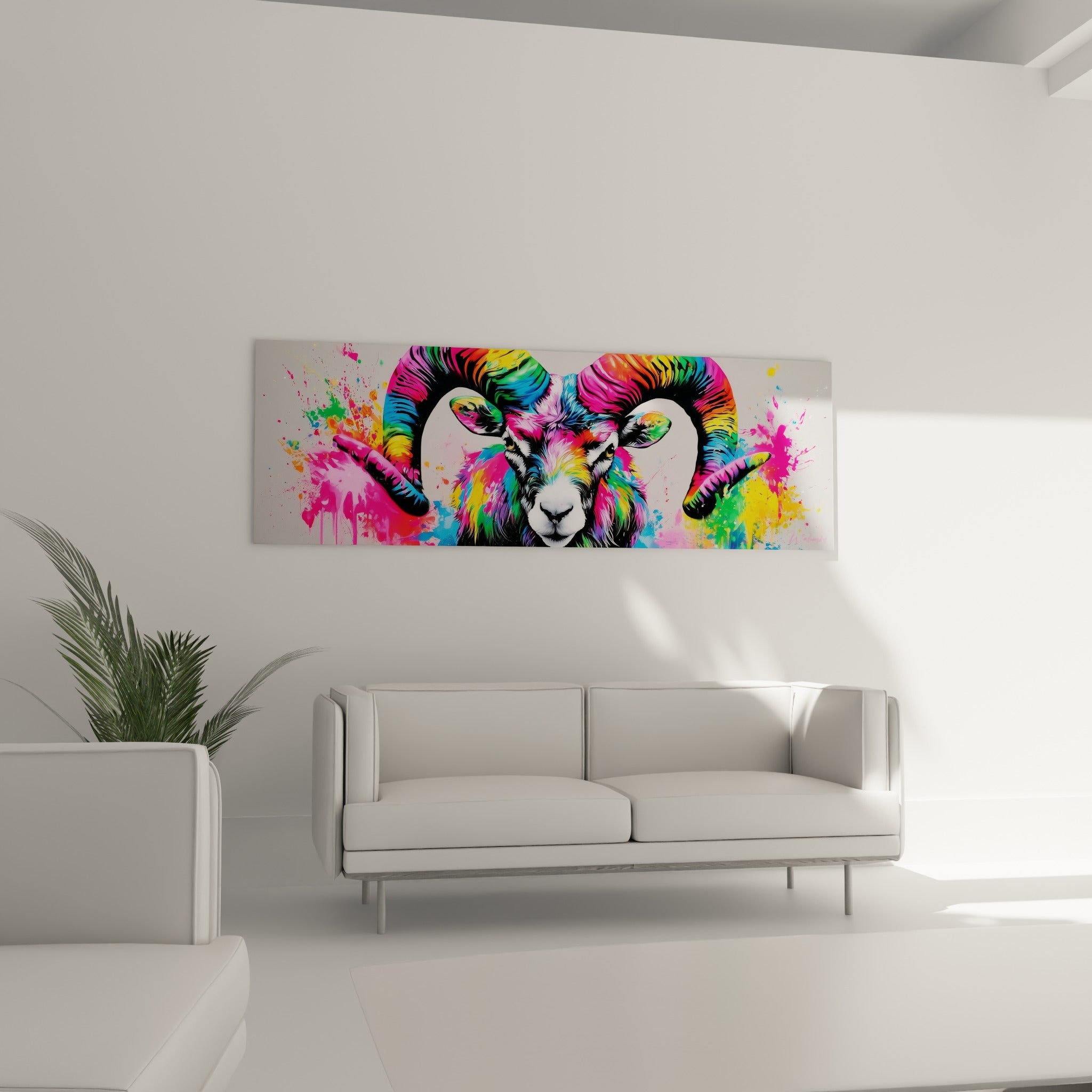 Regard perçant du Bélier entouré de peinture fuchsia et verte au-dessus d'un canapé dans un salon lumineux