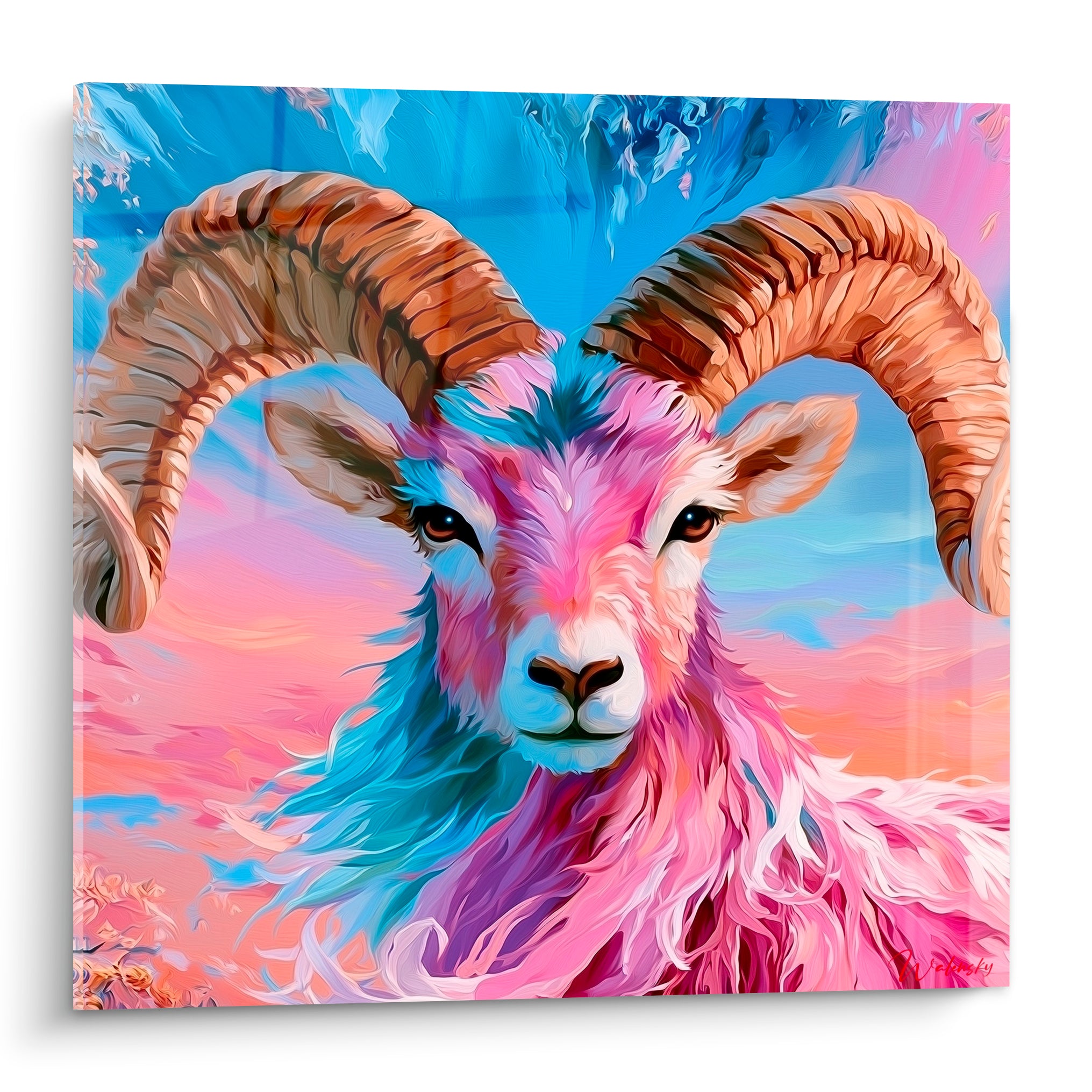 Bélier au pelage rose et bleu, cornes ambrées torsadées, regard frontal intense sur fond crépusculaire
