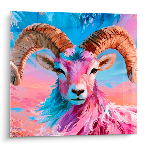 Cuadro de carnero con cuernos ámbar, pelaje rosa azulado - Sueño crepuscular - Edición Carnero
