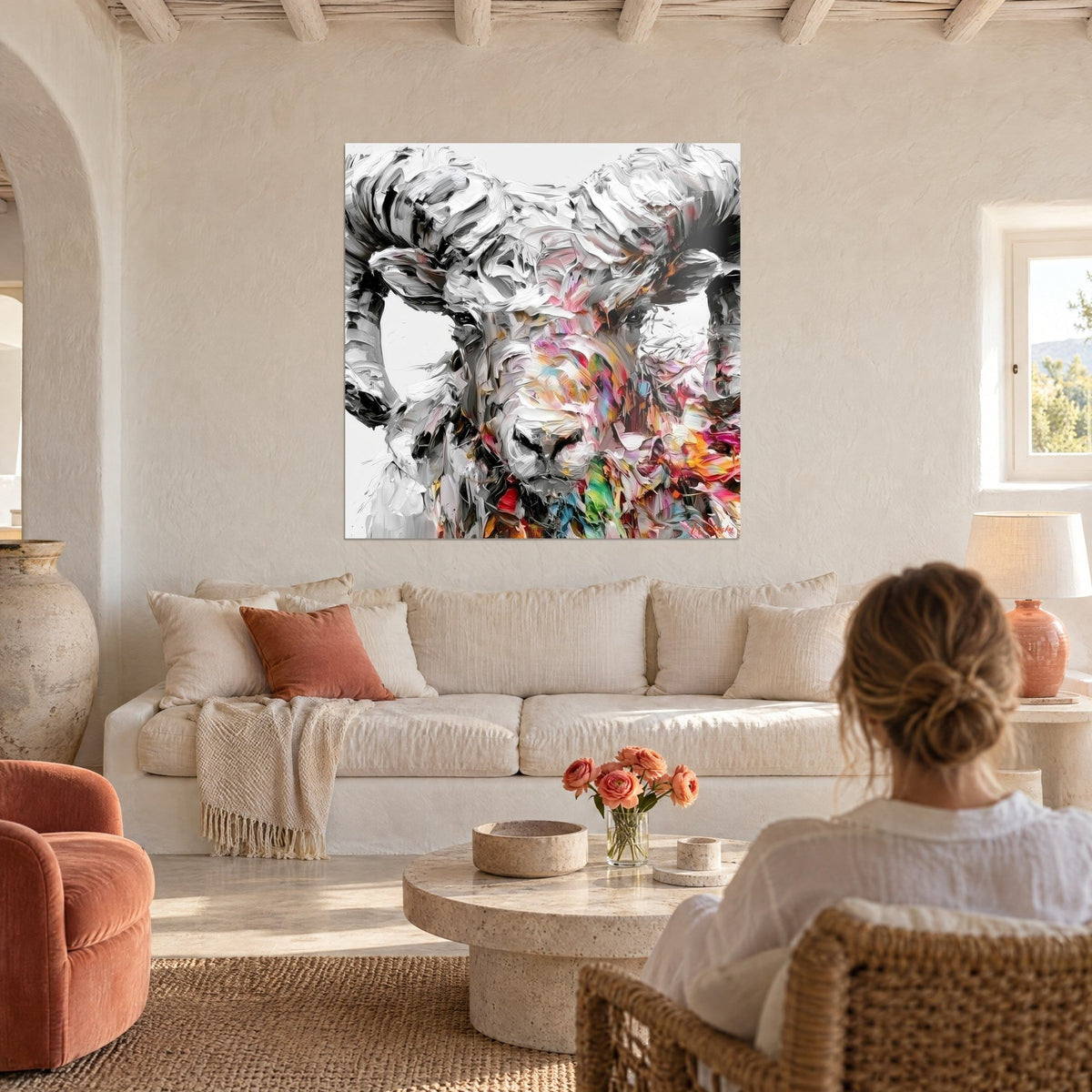 Tableau bélier géant aux cornes spiralées gris argent, museau éclaté rose et jaune, au-dessus d'un canapé dans un salon lumineux