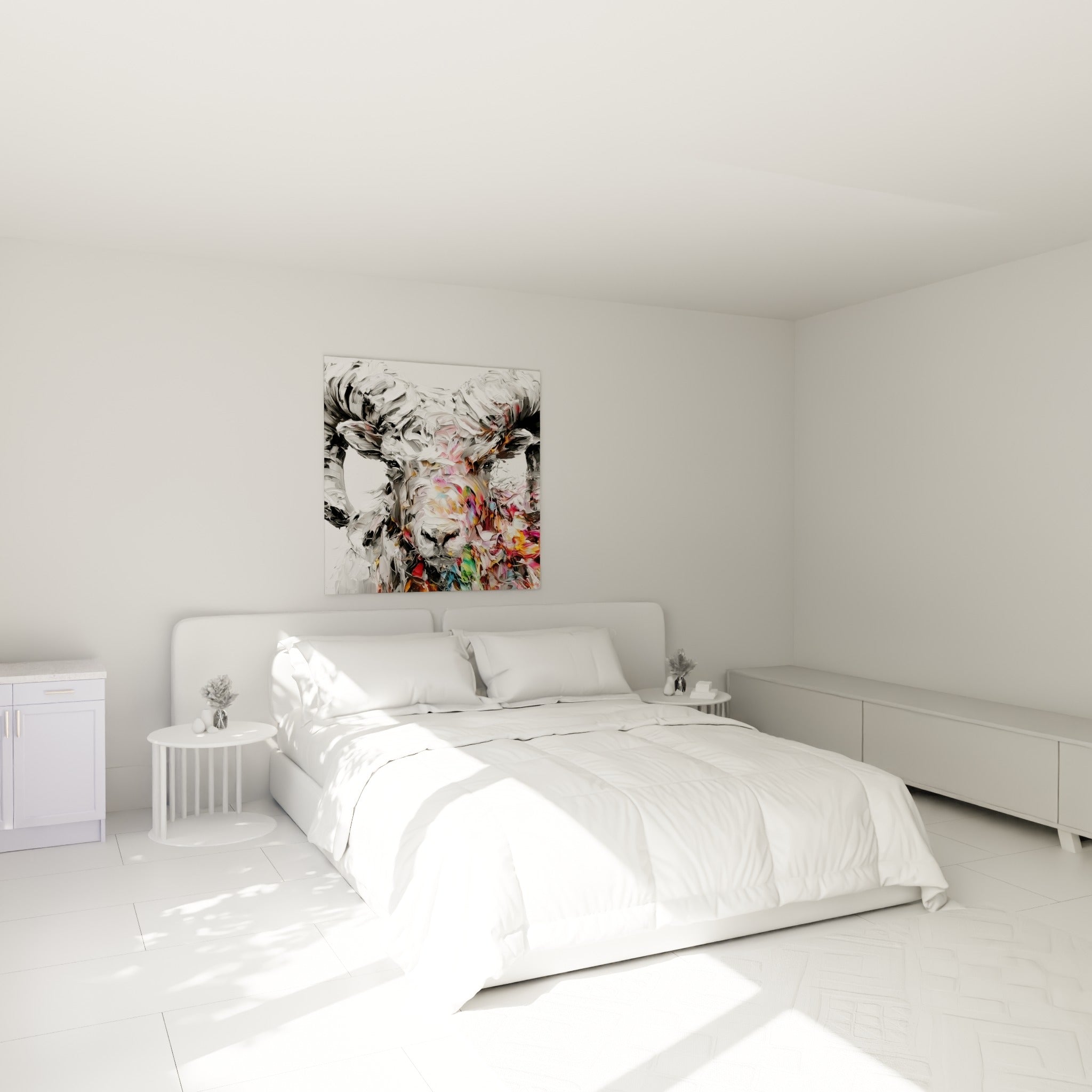 Cornes torsadées blanches et museau multicolore du bélier au-dessus d'un lit dans une chambre claire
