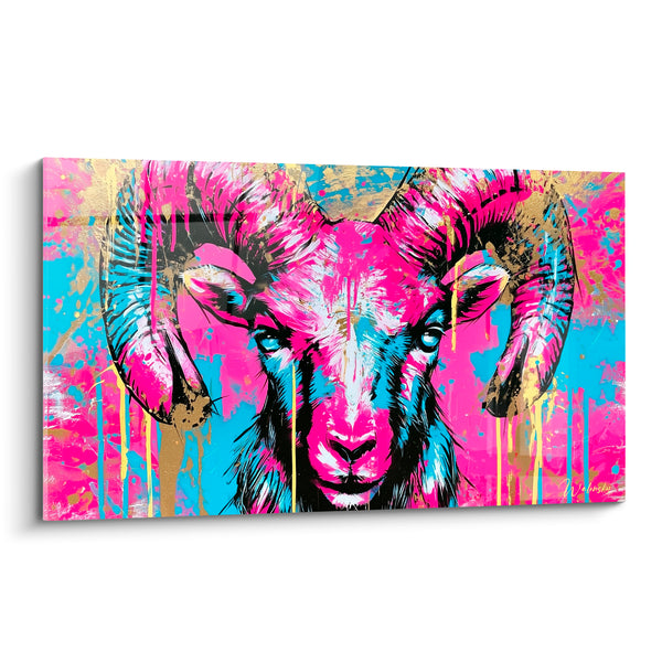 Cuadro Borrego Rosa Fucsia y Azul Eléctrico Salpicado de Oro - Mirada Eléctrica - Edición Borrego