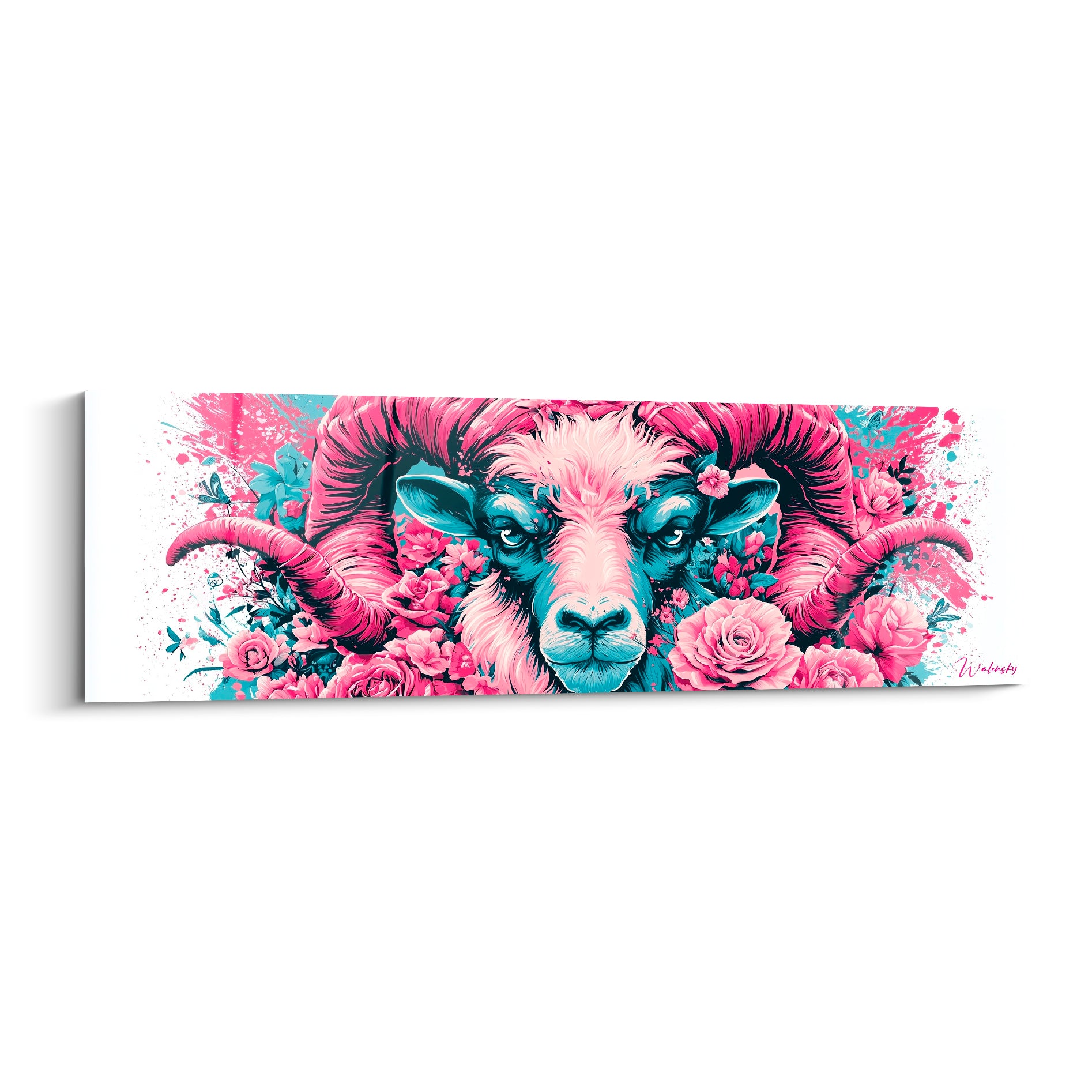 Bélier illustré aux cornes rose fuchsia et visage bleu pétrole entouré de roses vives